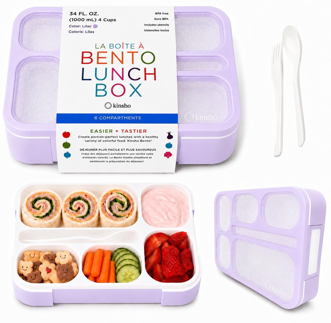 Glitter Lunch Box Bento-Boxes for Girls, Meal and Snack Containers for Toddler Daycare, School, Travel, 6 Divided Sections, Cute Bentobox, Leak-Resistant, Utensils, Purple Lilac Sparkle