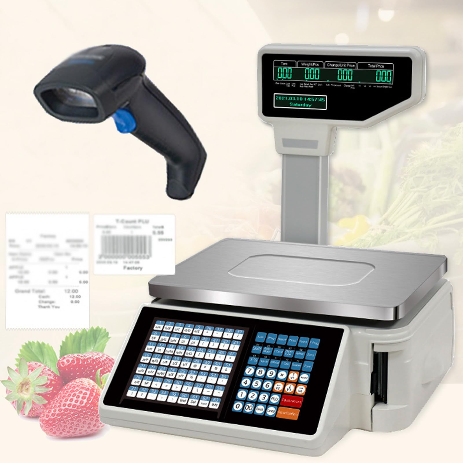 MYUYEE 30Kg Scale With Label Sticker Scale - Label Printing Scales For Fruit/Vegetable/Deli Retail - Switchable Printing Mode - Scanner Included