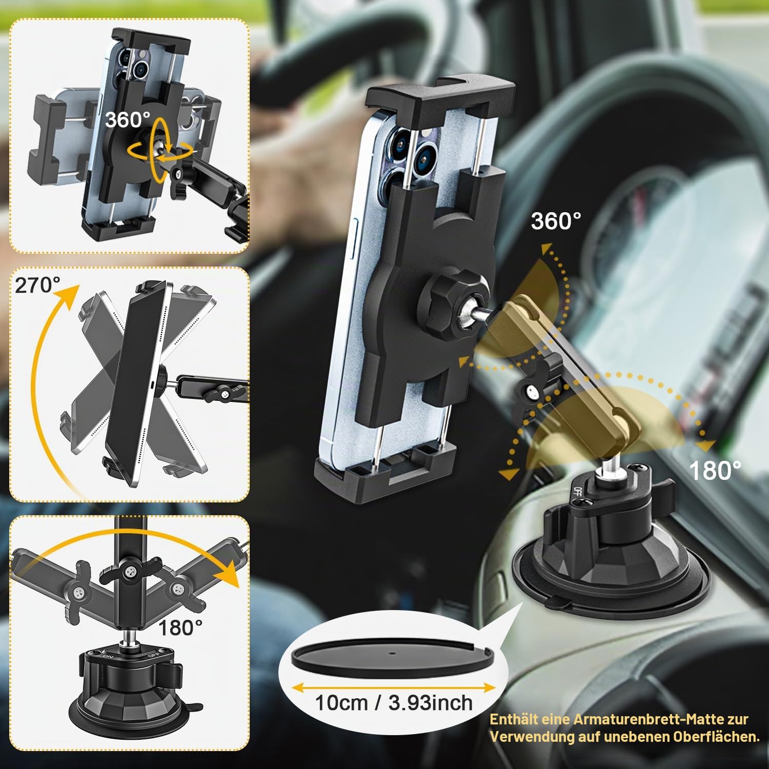 Robust Auto Tablet Halterung Starkem Saugnapf - Tablet Autohalterung Vorne | Armaturenbrett Windschutzscheibe Fenster Halter Cockpit für iPad Pro/ Air/ Mini, Galaxy Tab/ Z Fold, Fire, Handy, 4-13"