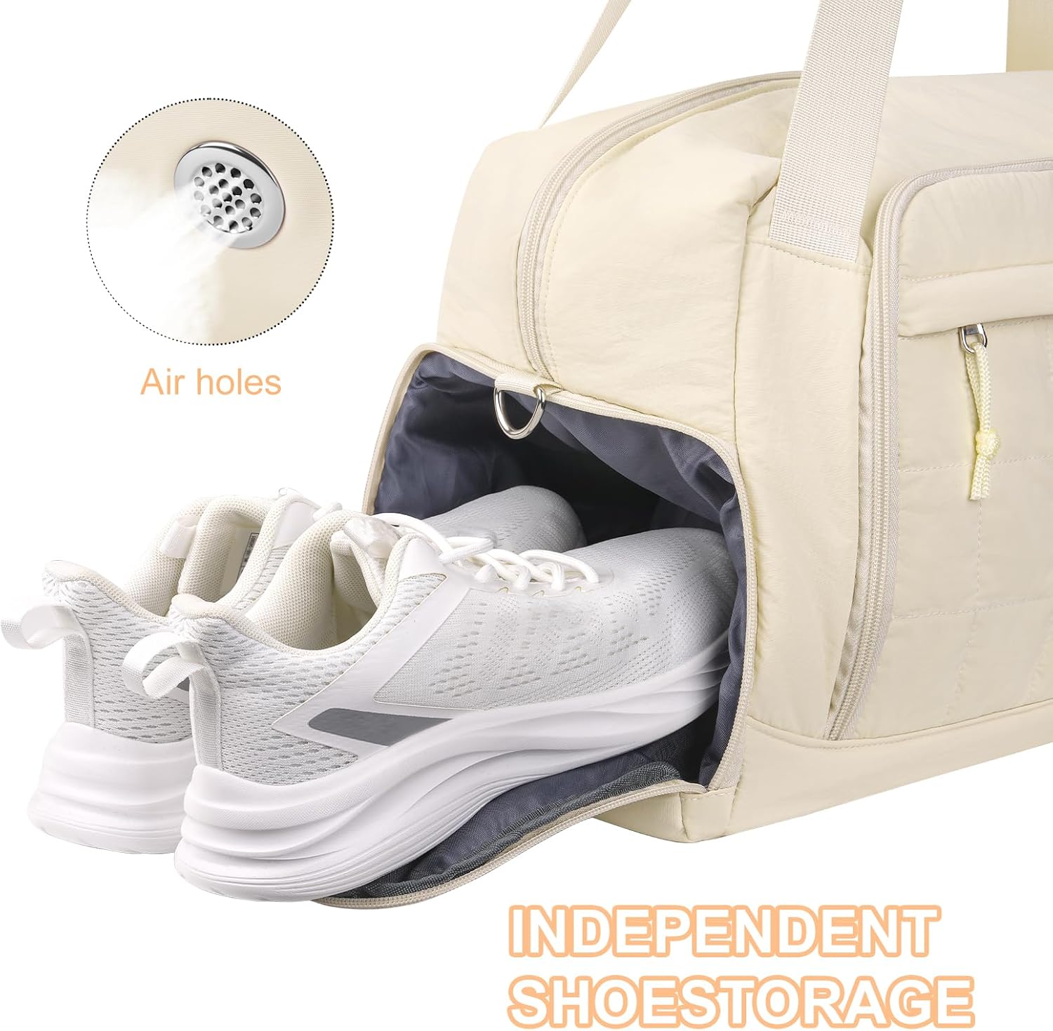 MOSISO Gym Bag for Women, Travel Duffle Weekender Overnight Workout Carry on Gym Duffle Bag with Shoe Compartment&Wet Pocket&Front Quilted Grid Pocket for Fitness, Yoga, Weekend, Beige - Image 4