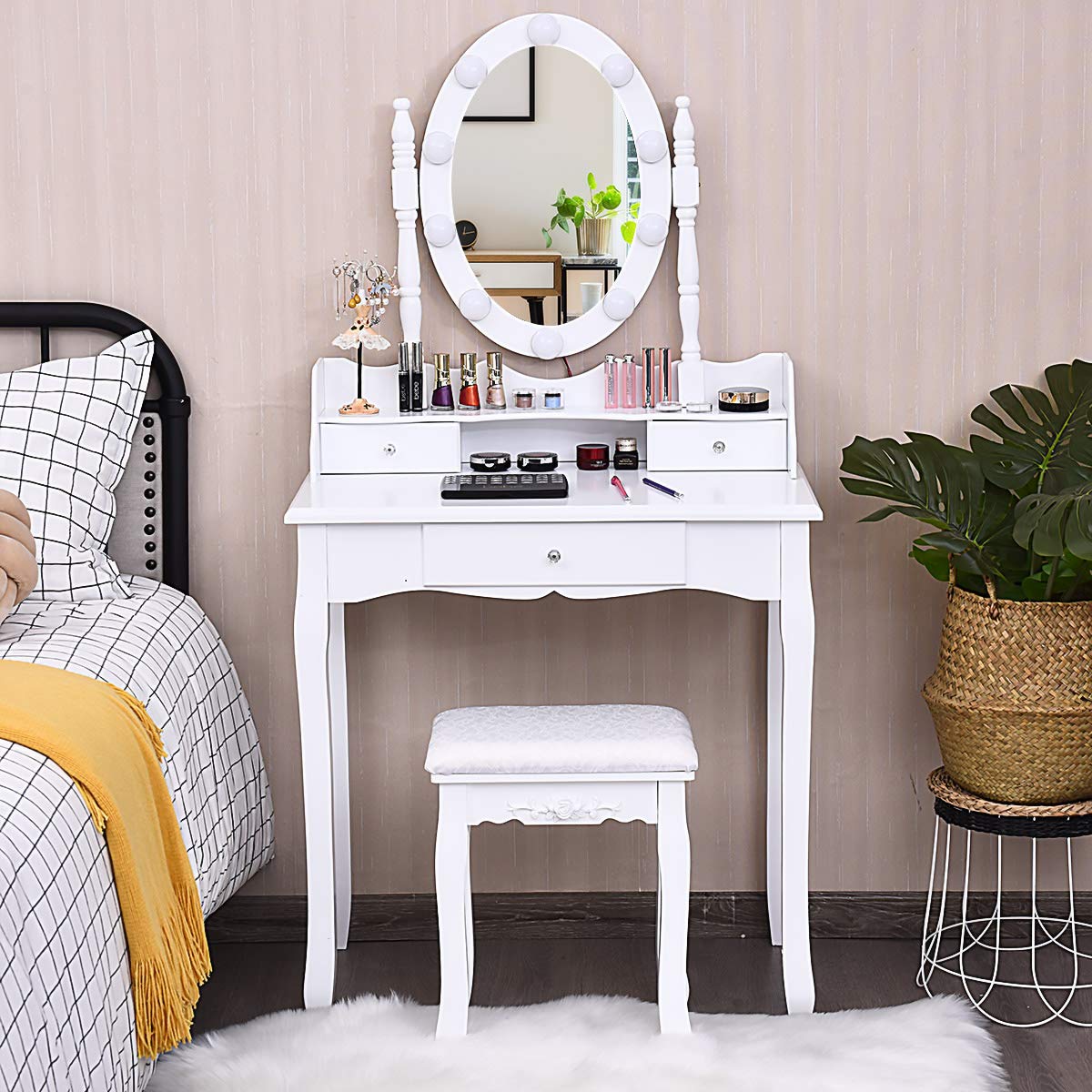 Kaptafel Set Met 6 Lades, Moderne Make Up Tafel 3-kleuren LED-verlichting Spiegel, Make-uptafel Met Gewatteerde Kruk En Opbergkast, Voor Meisjes Dames Slaapkamer (Color : White C, Size : 80cm/31.4in