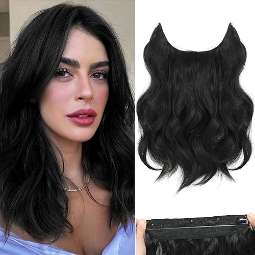 Extensiones de cabello tipo halo de 12 pulgadas, extensiones de cabello con alambre invisible ajustable, extensiones de cabello largo ondulado