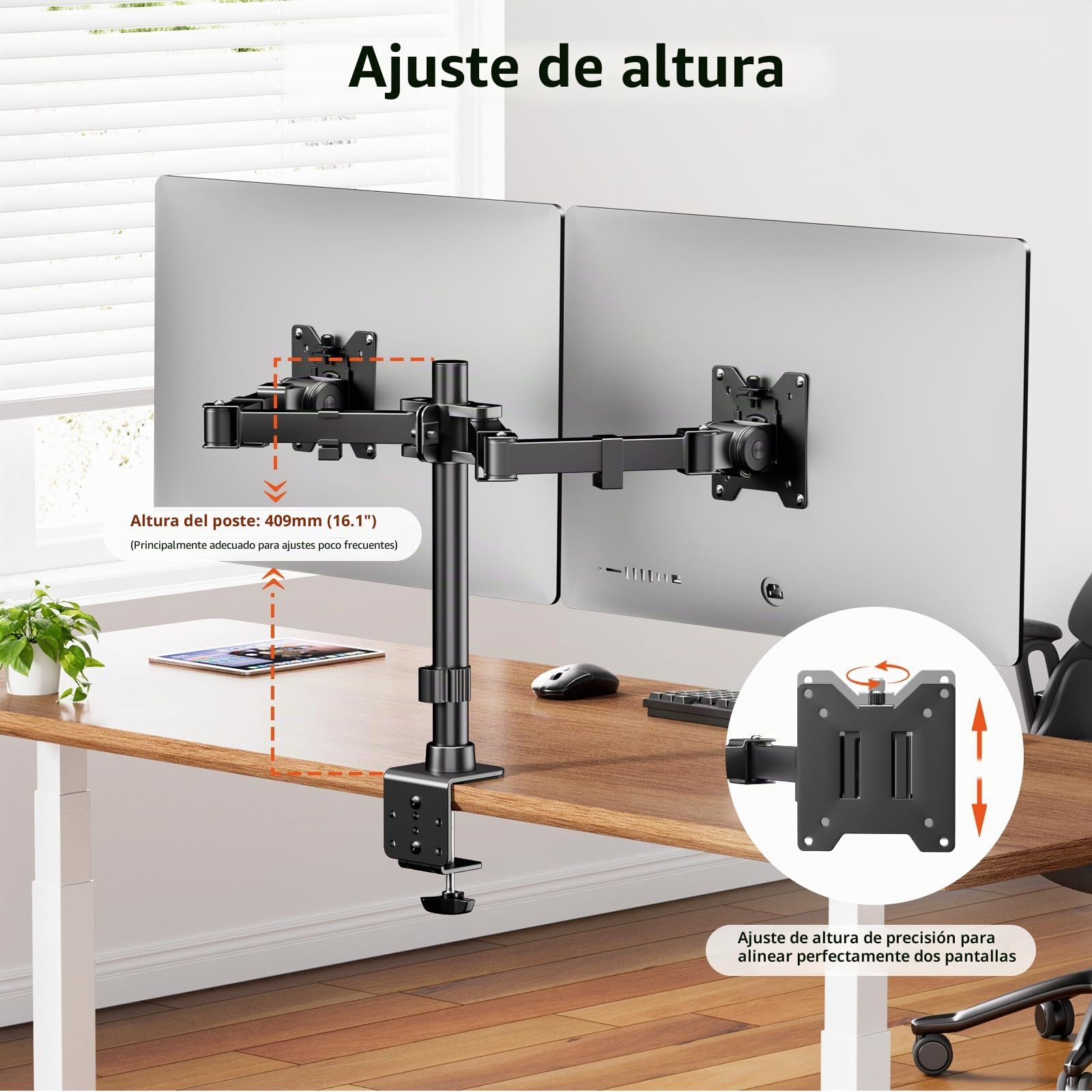Soporte de Monitor para 2 monitores para Pantalla Plana y Curvada de 17 a 35 Pulgadas, inclinación, Giratorio y rotación, 20 kg por Brazo, VESA 75 x 75/100 x 100