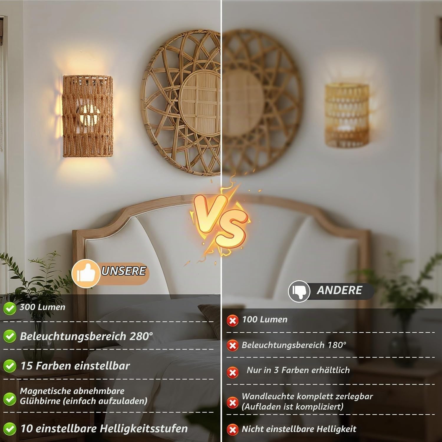 2 Stück Wandleuchte Innen RGB Dimmable Wandlampe mit Fernbedienung Boho Rattan Nachttischlampe Vintage Bambuslaterne Lampe ohne Stromanschluss für Wohnzimmer Schlafzimmer Treppen Flur