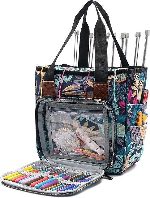 SumDirect Yarn Bag, Knitting Organizer Tote Bag Portable Storage Bag for Yarns, Carrying Projects, Knitting Needles, Crochet Hooks, Manuals and Other Accessories (Rainforest)