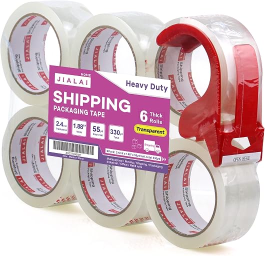 JIALAI HOME Heavy Duty Transparent Packing Tape,6 Rolls with Refillable Dispenser,Industrial Grade Packaging Tape for Shipping Moving Sealing,1.88 inches x 55 Yards Per Roll
