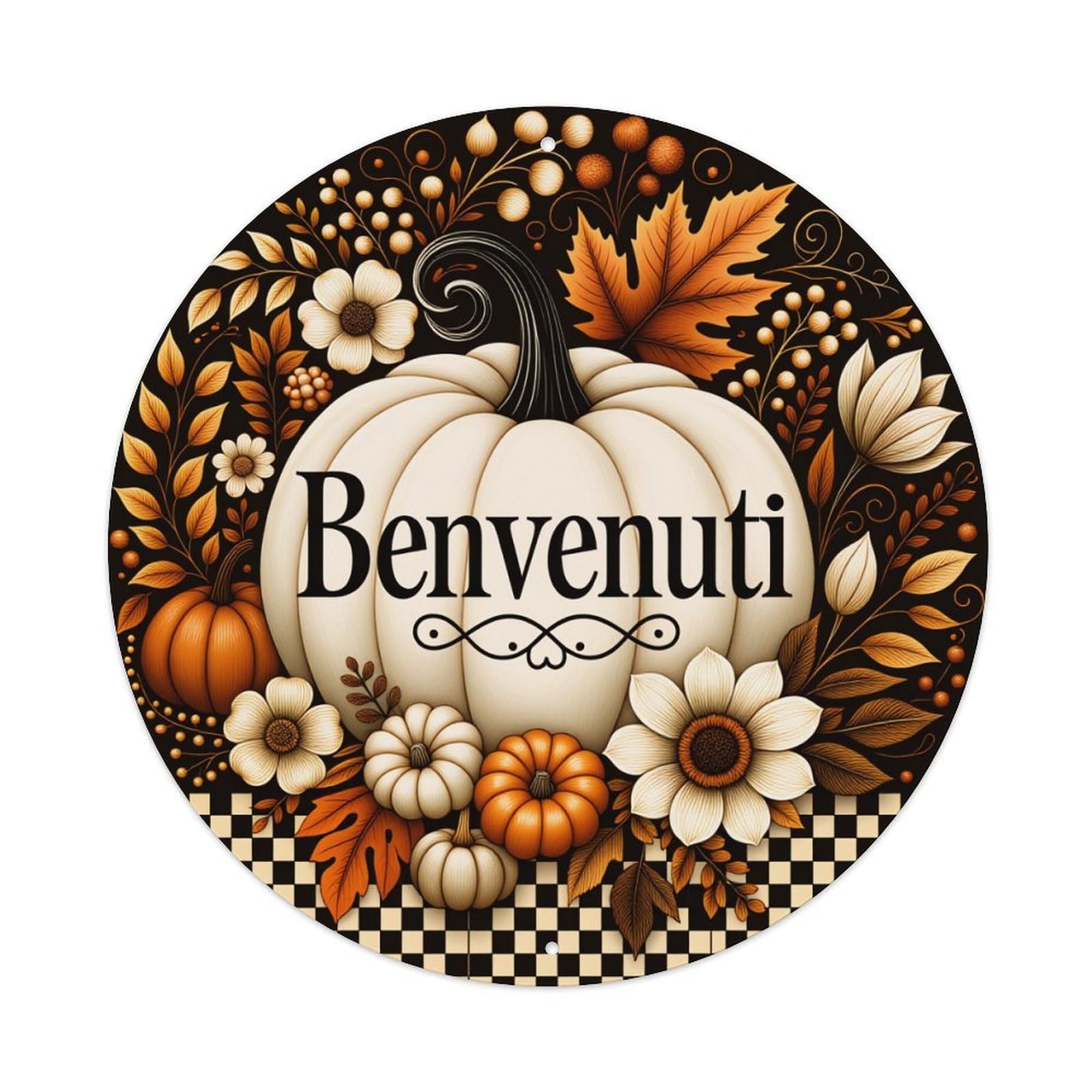 Pumpkin Autumn Floral Welcome Pattern Vintage Metal Tin Sign Retro Wall Decor for Home Bar Garage Cafe, Indoor & Outdoor Decorative，circle Metal Poster, 8x8 Inch