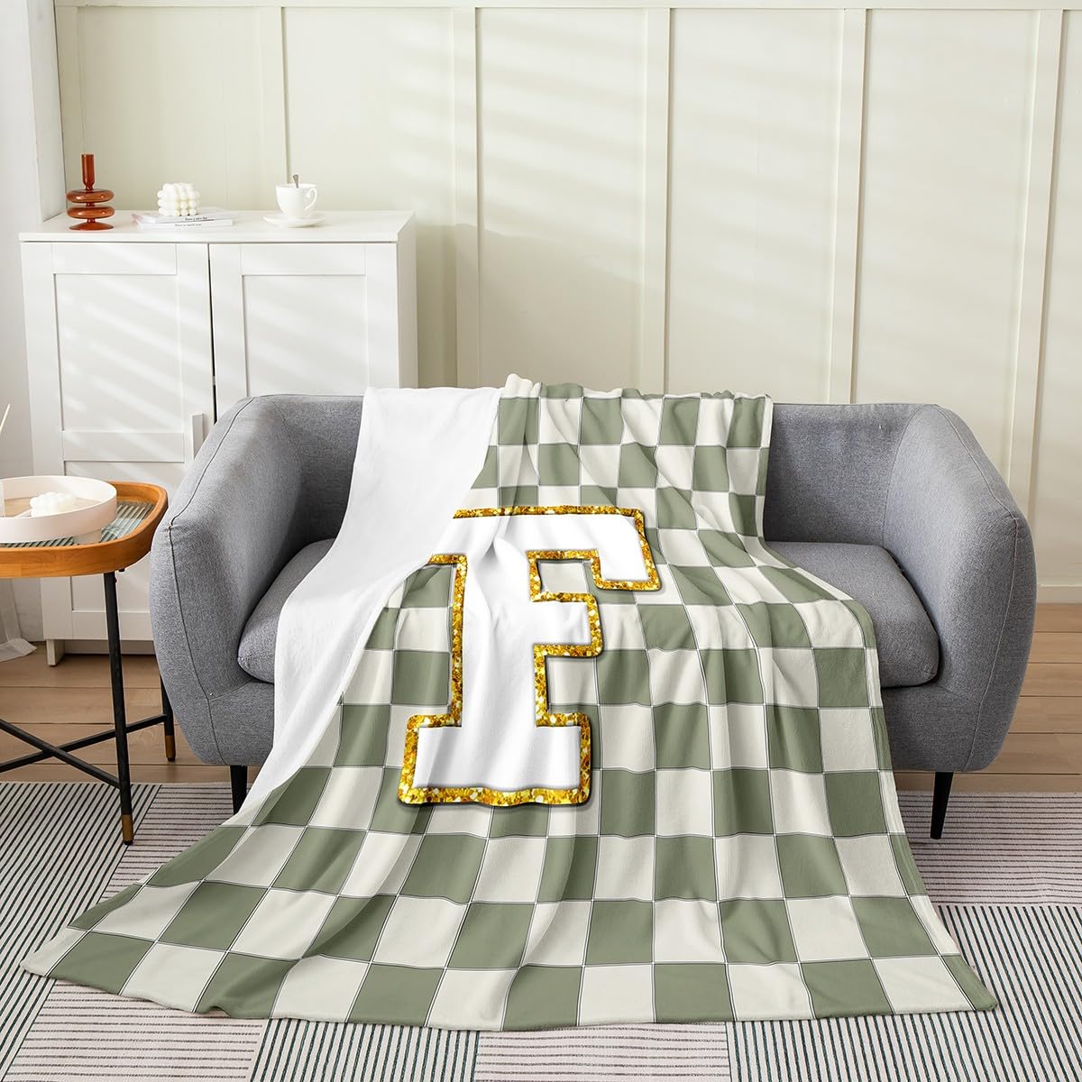 Erosebridal Sage Green Checkered Flannel Blanket Plaid Initial F Fuzzy Plush Throw Personalized Monogram Fleece Blanket for Kids Boys Girls,Fashion Grids Gingham Decor for Bed Couch Baby 30"x40"