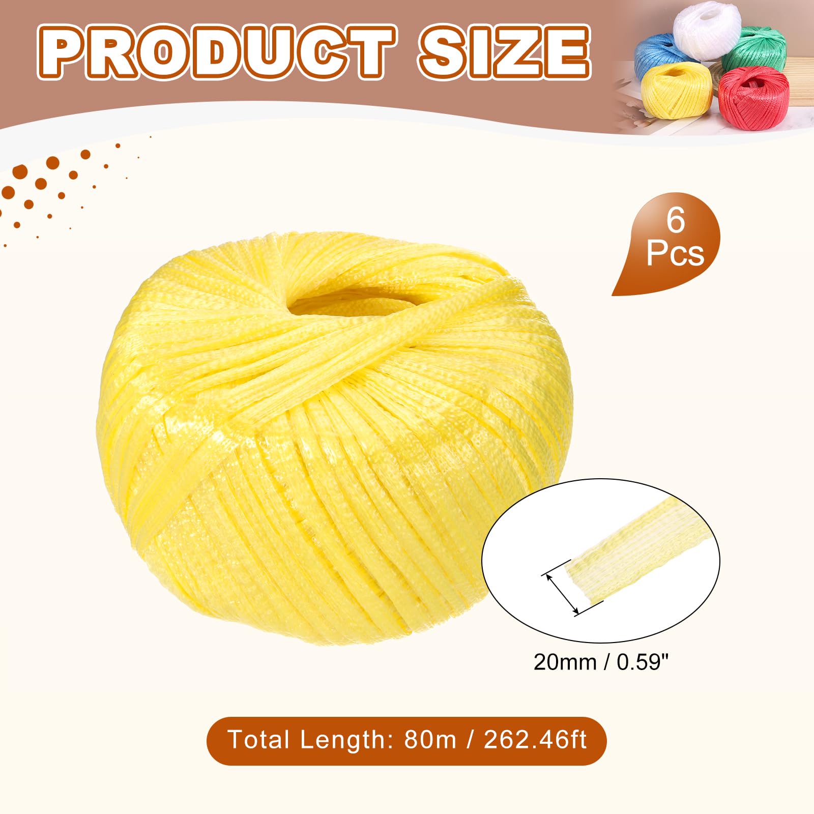 sourcing map 6 rotoli di corda in poliestere, nylon e plastica, 80 m, filo di nylon per uso domestico, per giardinaggio domestico, legatura e artigianato da giardino, giallo