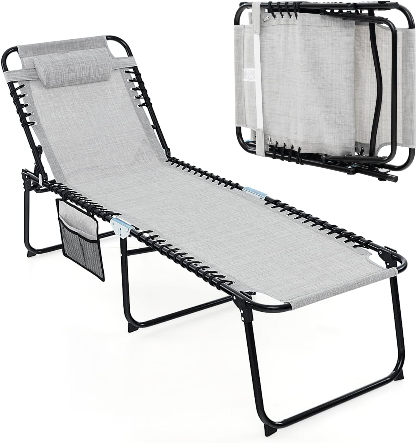 Tangkula Beach Lounge Chair for Outside, Folding Chaise Lounge Outdoor with 4-Position Backrest, Removable Headrest and Side Pocket, Portable Sunbathing Tanning Chair for Patio, Poolside (1, Grey)