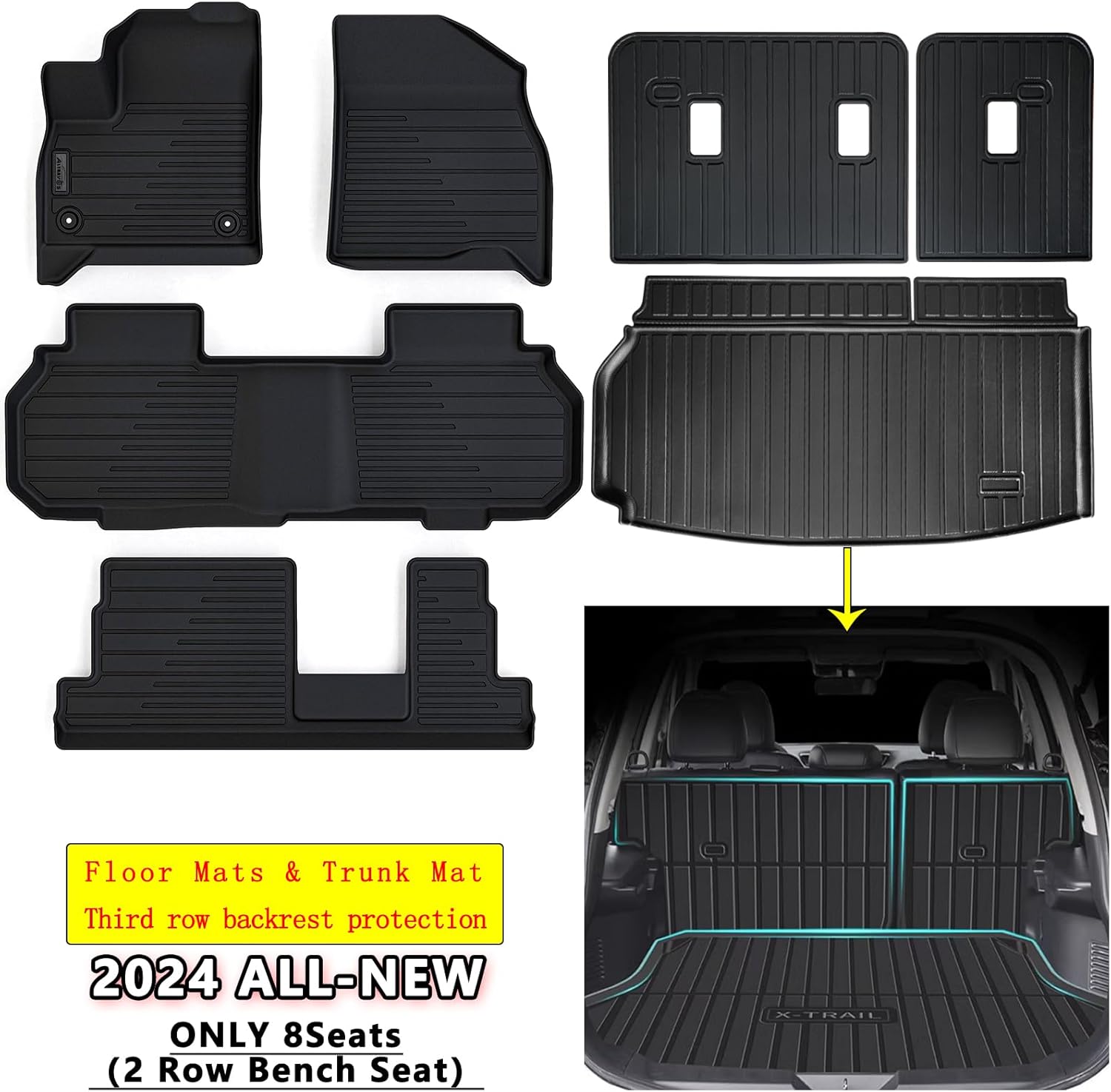 Floor Mats for All-New 2024 2025 2026 Chevrolet Traverse 8 Seats-2 Row Bench Seat,TPE All Weather Protection Trunk Mat Covering Backrest Mat for Chevy Traverse - Image 2