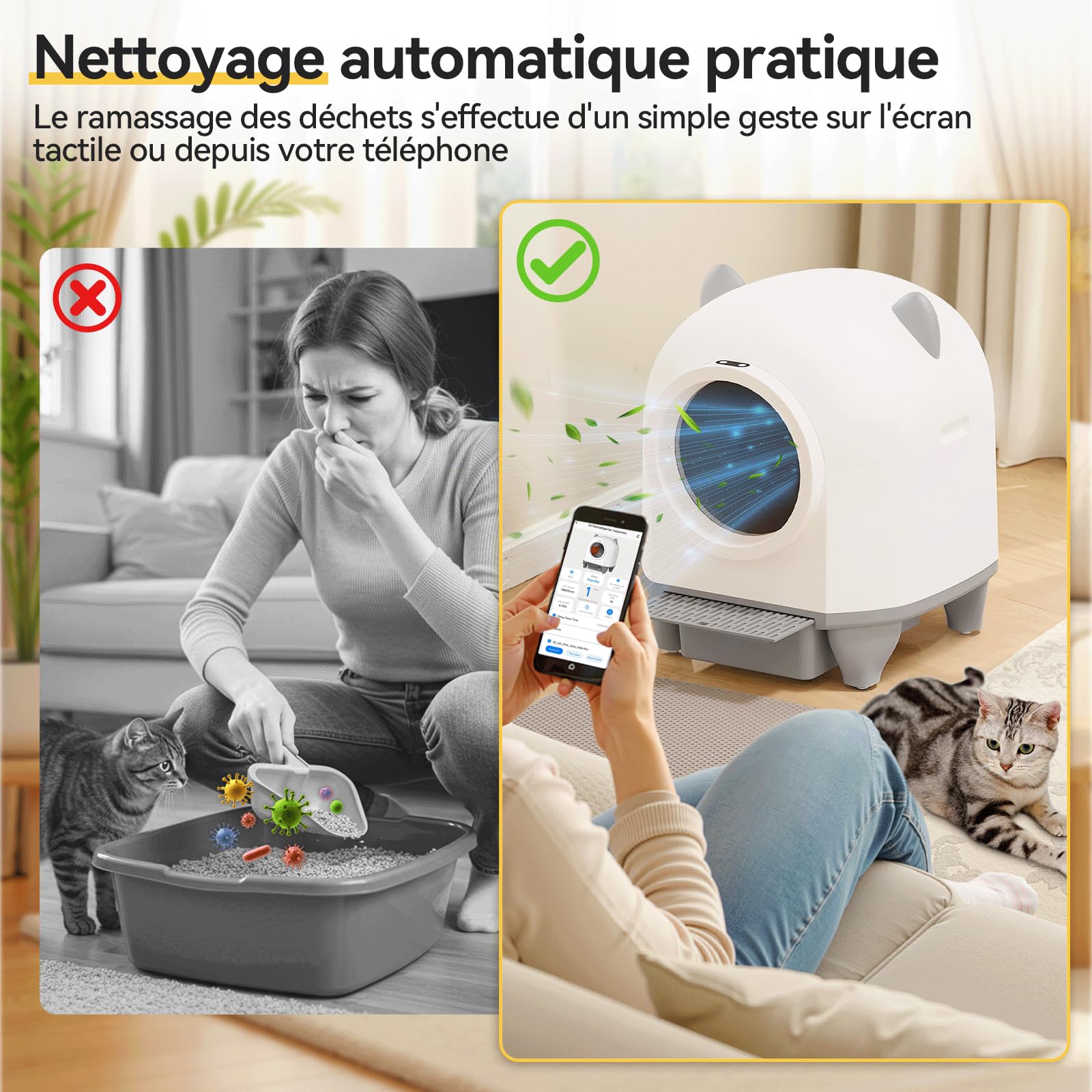 JUMMICO Bac à litière automatique autonettoyant 90L XXL, Contrôle intelligent par application, Système de sécurité anti-pincement, Surveillance de la santé, Double élimination des odeurs, Avec tapis à