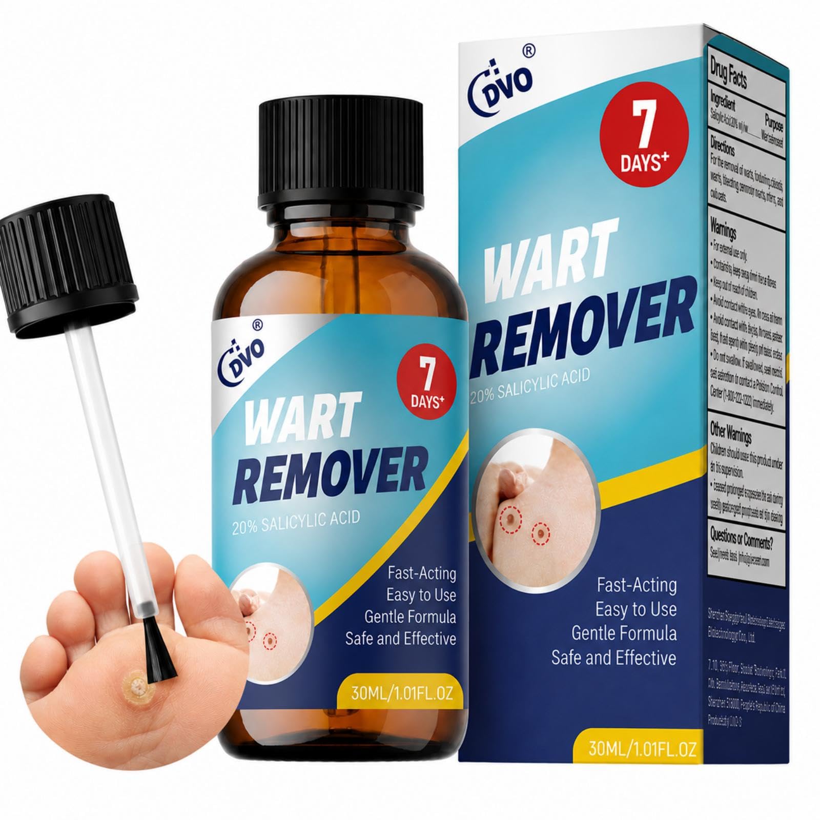 DVO 20% Salicylic Acid Wart Remover Liquid, Targeted Plantar Wart Remover for Common & Foot Warts, Precision Topical Wart Treatment for Hands & Feet, 1.01 fl oz