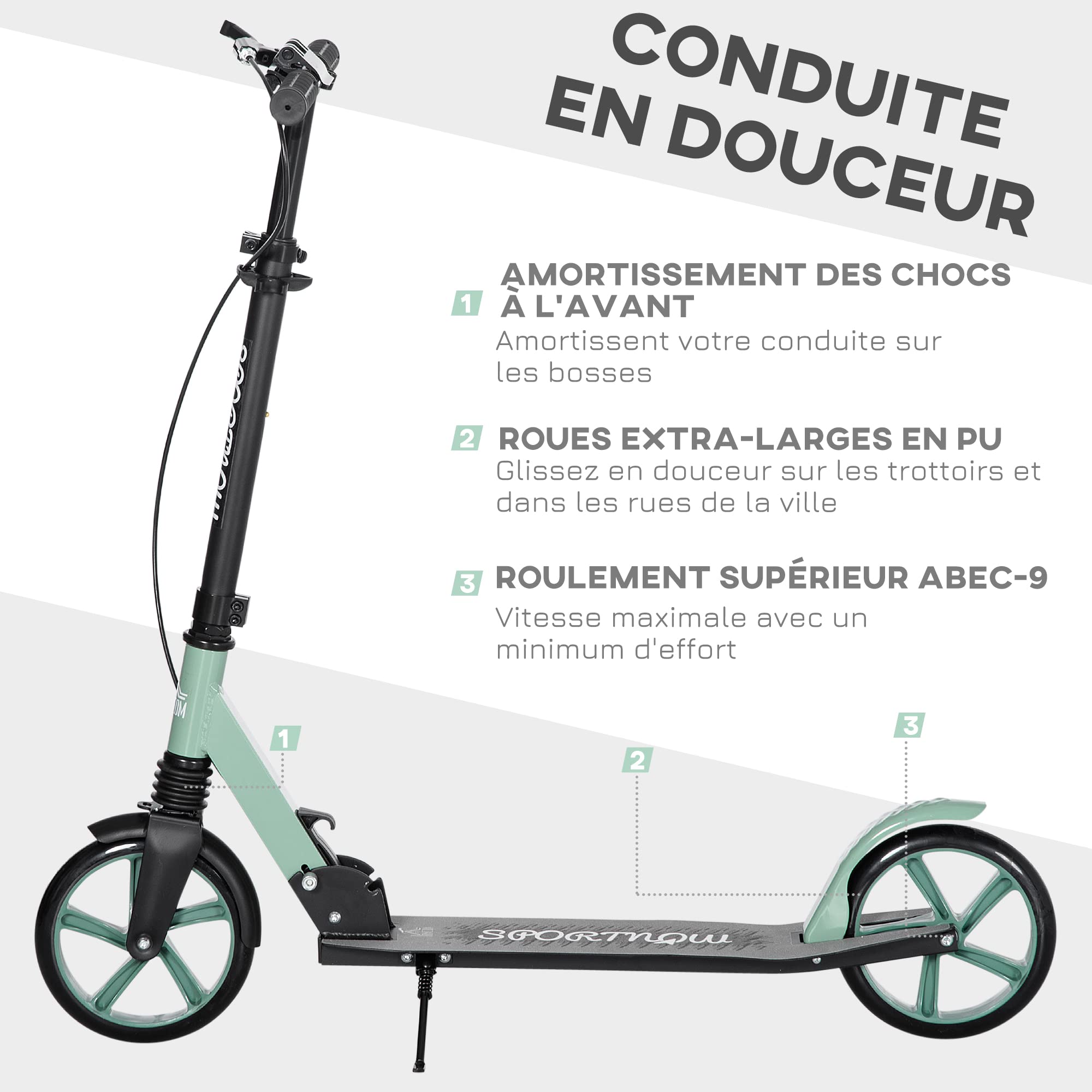 HOMCOM Trottinette Pliable Ados Adultes +14 Ans Guidon Réglable Vert | Amortisseur, Double Frein, Grandes Roues de 20 cm, Aluminium