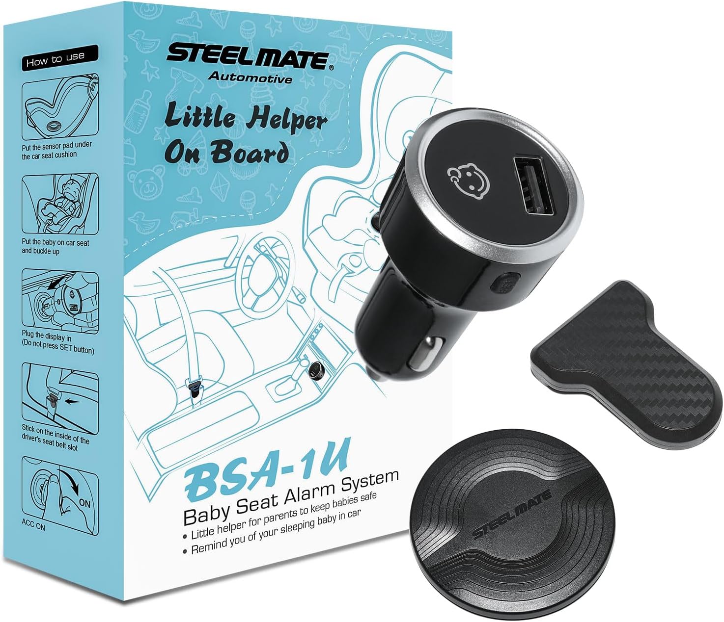STEELMATE 1U Automotive Baby Car Seat Alarm System Reminder, Backseat Baby in Car Reminder Warning w/Light & Sounds Remind When Power Off/Unbuckle, Easy Installation