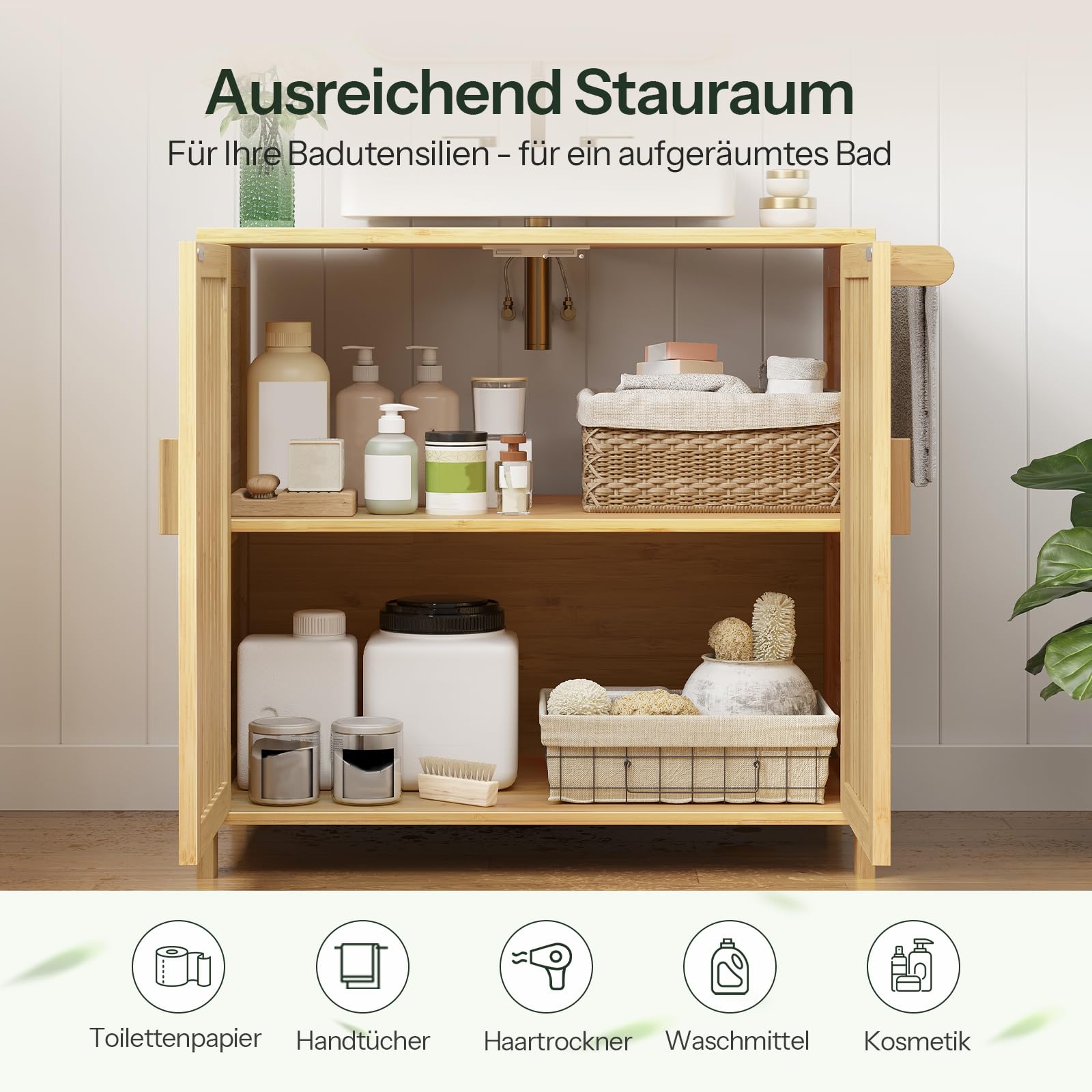 HOOBRO Bambus-Waschbeckenunterschrank mit 2 Türen, 2 Fächern und Handtuchhalter, Unterschrank, Badezimmerschrank, Badschrank, 60 x 30 x 60 cm, für Waschbecken ohne Säule, Natur EYL06BV01