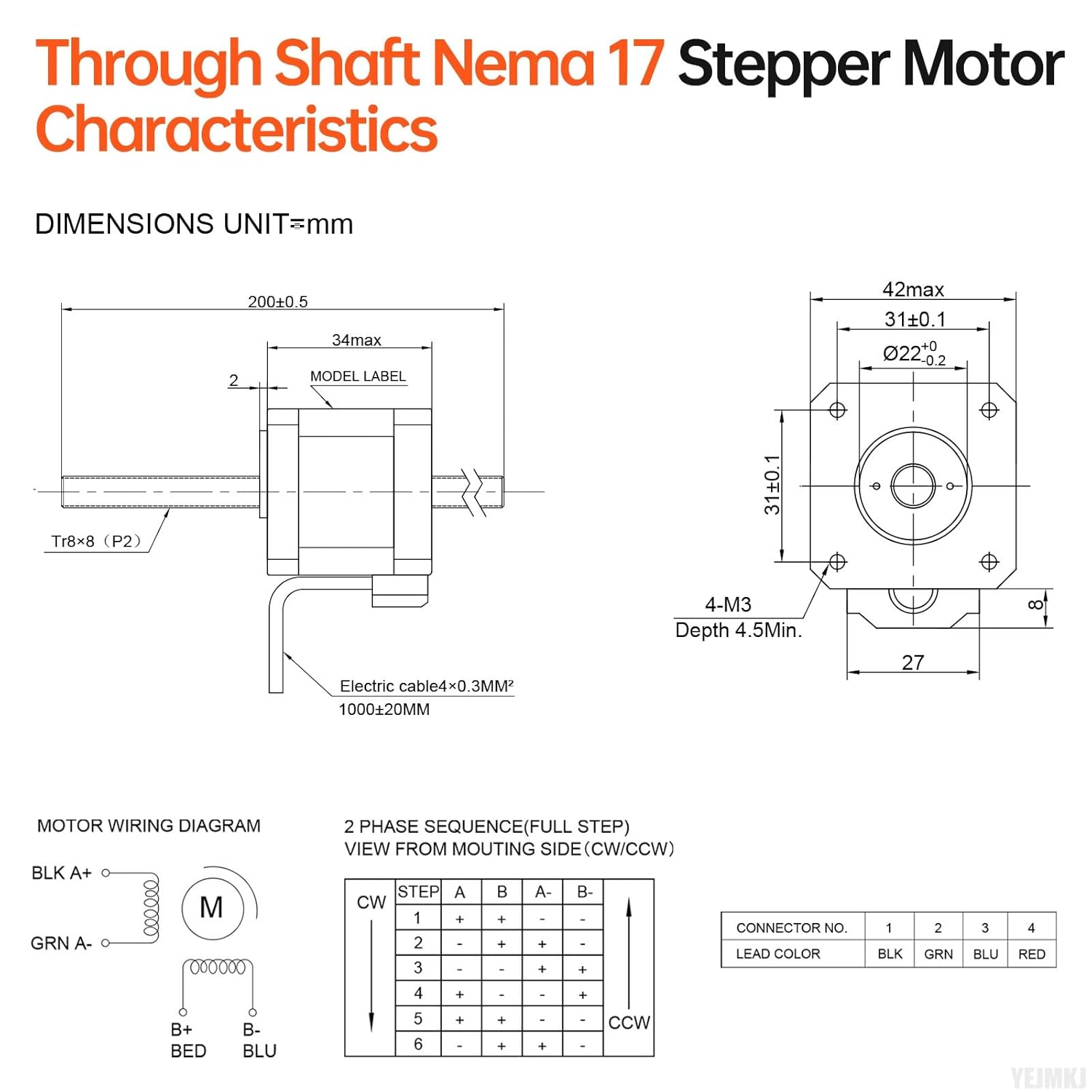 Dimensional drawing of the Through Shaft Nema 17 Stepper Motor, showing measurements in millimeters for body size (42x42x34mm), TR8x8 200mm lead screw, installation hole distance (31mm), and cable length (1000mm).