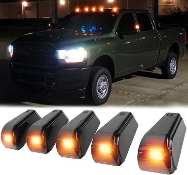 5PCS Solar Cab Lights Yellow Wireless No Drill Car Roof Top Marker 12 LED Warning Light Smoke Lens IP67 Waterproof Truck Roof Light Compatible with Pickups Trucks Ford Dodge Ram GMC SUV