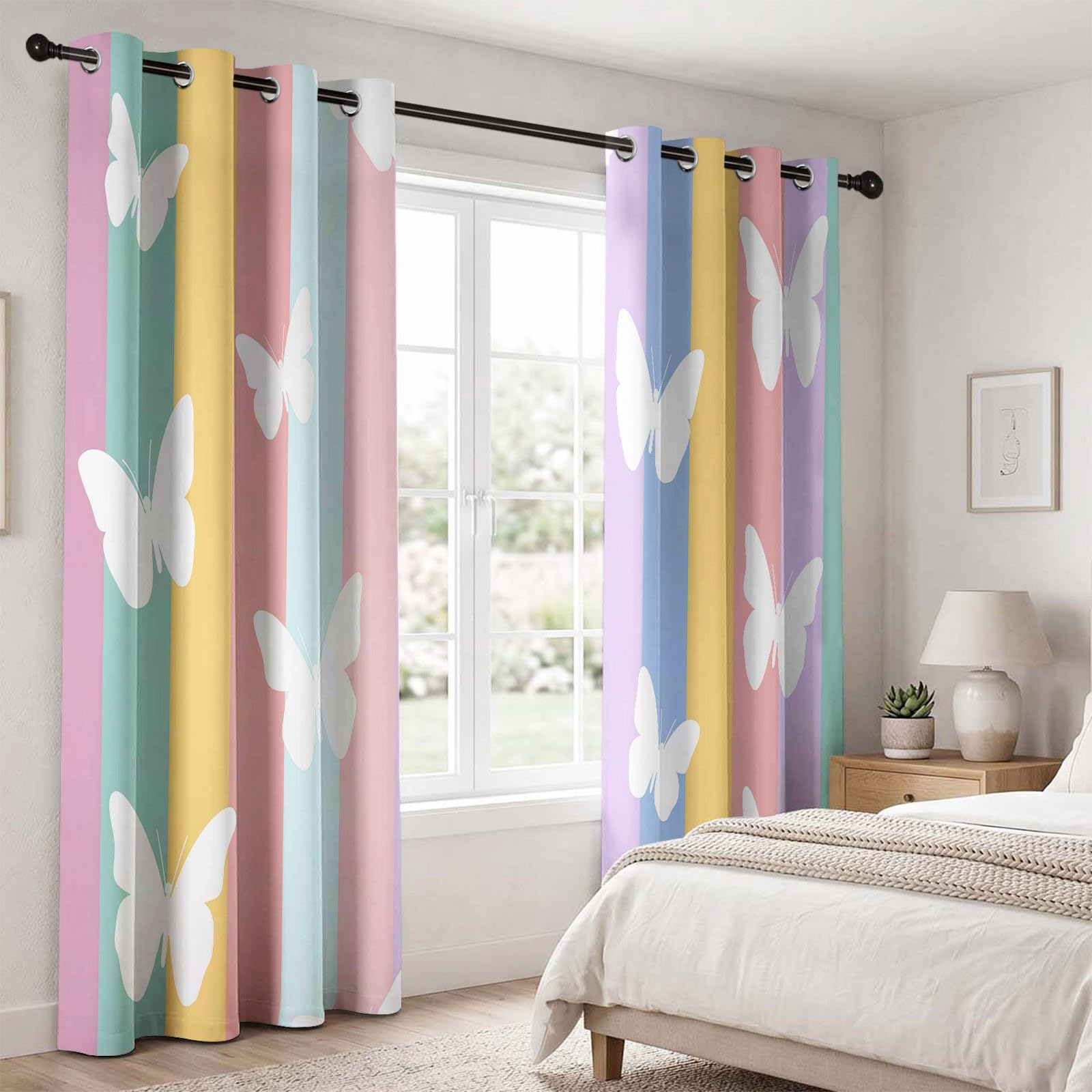Onirique Géométrique Rideaux Occultant 85L x 200H cm Lot de 2 Rideau Occultant Thermiques Imprimé Aquarelle Papillon Rayures, Rideau Oeillets Opaque Draperie Decoration pour Salon et Chambre