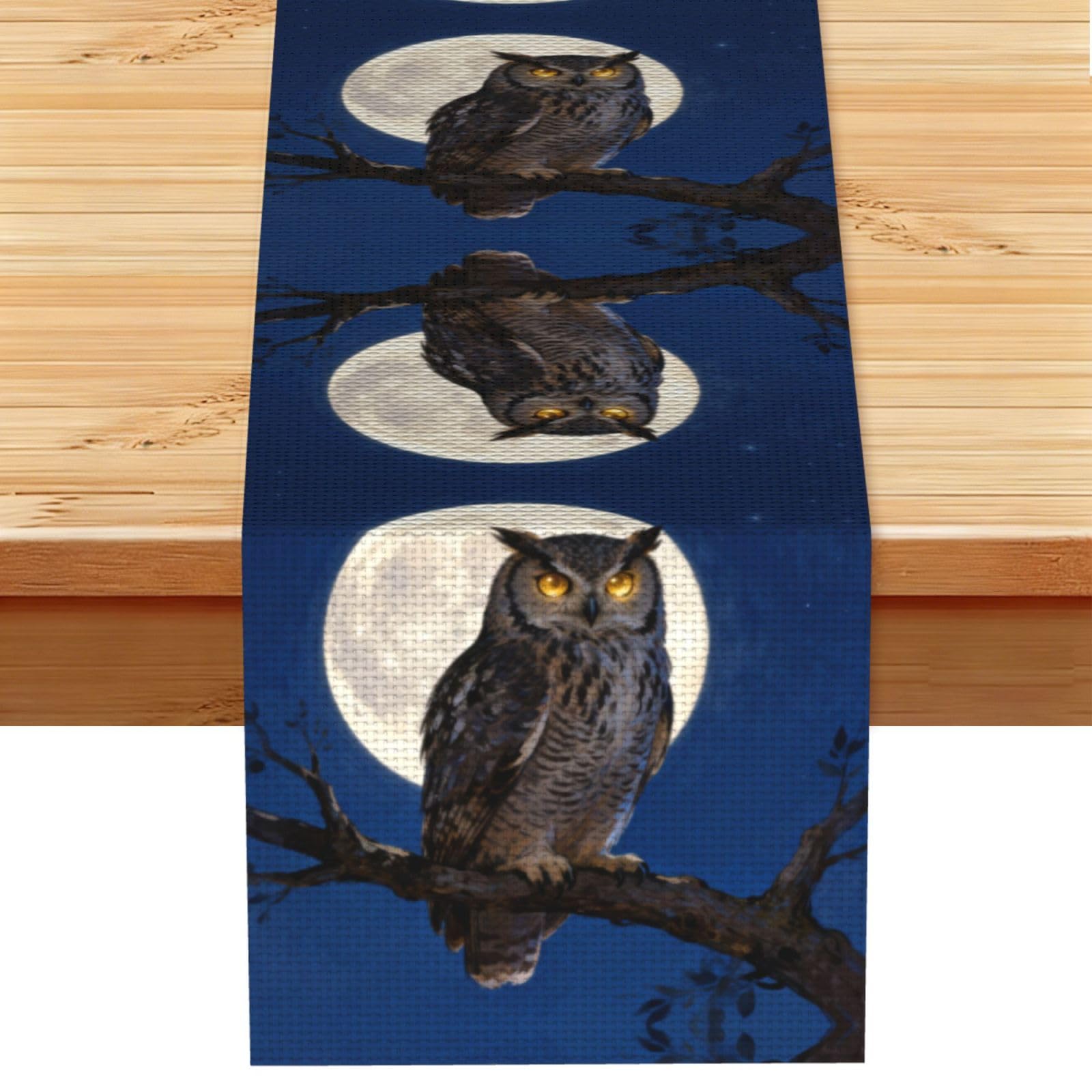 Owl Moon Night Linen Look Table Runner 13x72-Wrinkle Resistant Farmhouse Style for Dining Table Decor