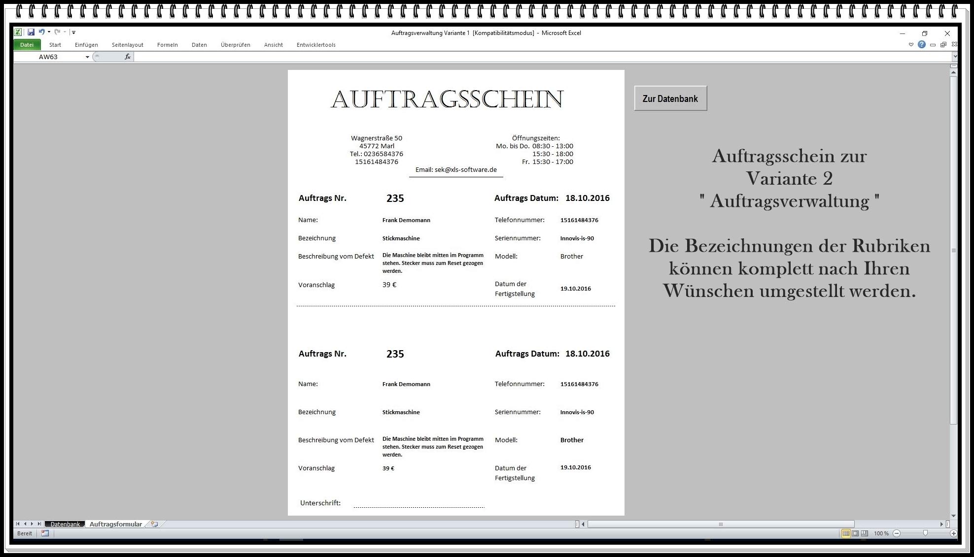 Auftragsverwaltung mit Abholschein für Excel inkl. Rechnungsvorlage | Kundenverwaltung, Auftragsannahme