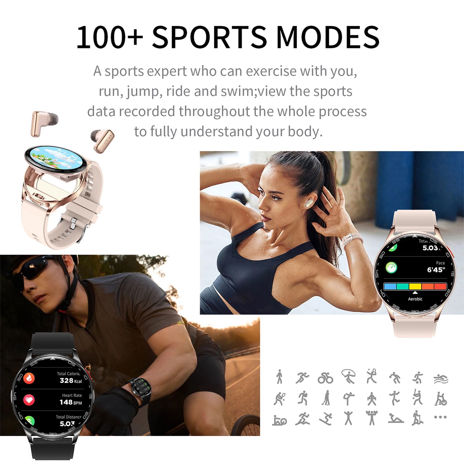 Smartwatch Bluetooth Kopfhörer Innovatives 2-in-1 Design Fitness Tracker 1.39 Zoll Bildschirm Touchscreen Kabelloses Headset mit Schrittzähler Herzfrequenz Schlafmonitor IP67 Wasserdicht Gold