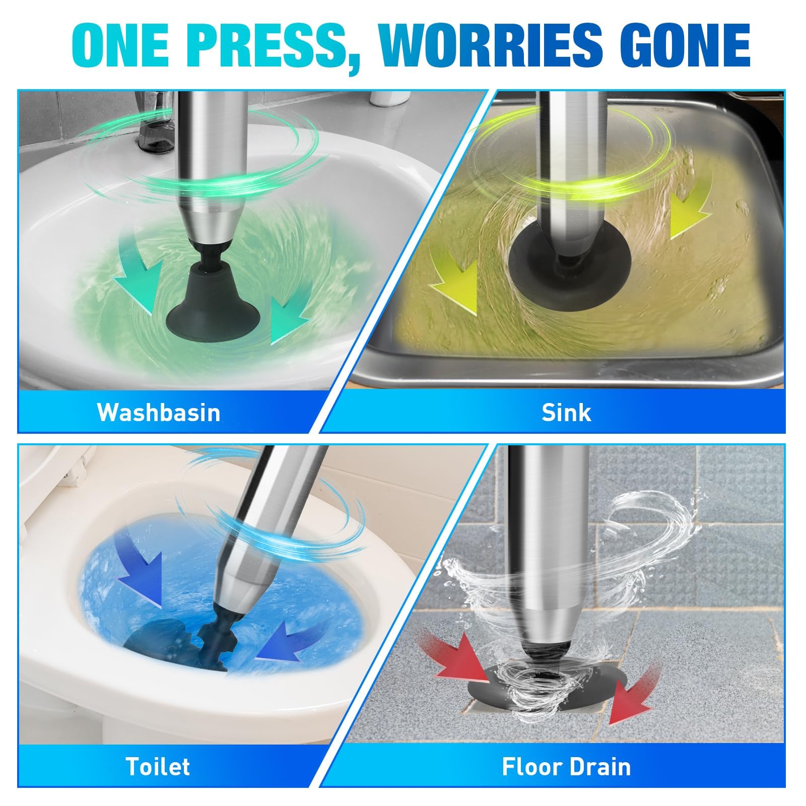 Desatascador Tuberias WC con Aire Comprimido con 4 Cabezas de Pistón | Profesional Desatascador Inflable de Alta a Presion con Inflador para Inodoro Lavabo Bañera Tubería Plato Ducha Fregadero