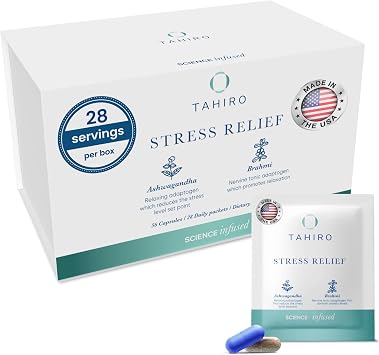 TAHIRO Stress-Relief Supplement Natural Brain Support Supplement with Magnesium, Vitamin B, Ashwagandha, Brahmi Non-GMO Vegan Brain Booster Supplement for Focus and Energy 28-Packets