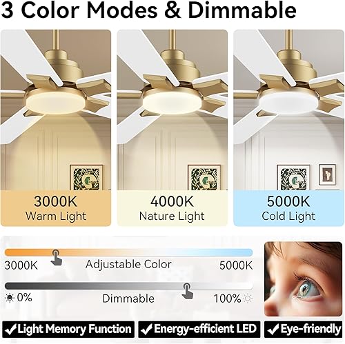 Miniatura 5 de Ventiladores de techo de 52 pulgadas con luces, ventilador de techo inteligente con luz y control remoto Alexa, aplicación, modernos ventiladores de