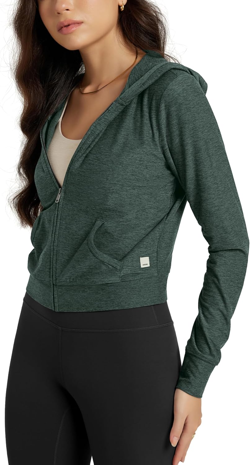 ODODOS Women’s Full-Zip Cropped Hoodie – odSTRATUM Tech Ultra Soft UPF 50+ Hooded Jacket with Pockets