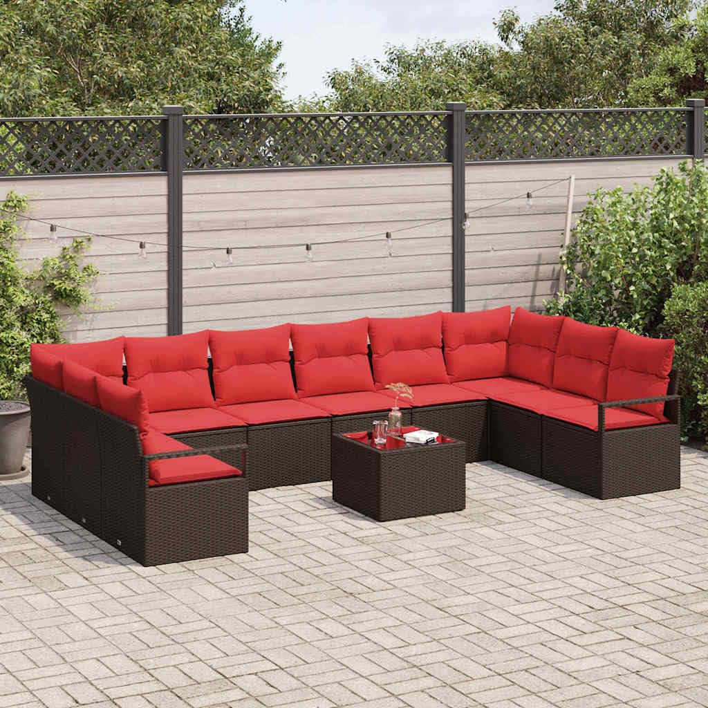 Generisch Gartensofa-Set 11 STK. Braun und Rot Poly-Rattan,Gartensitzmöbel,91.4kg-3355243
