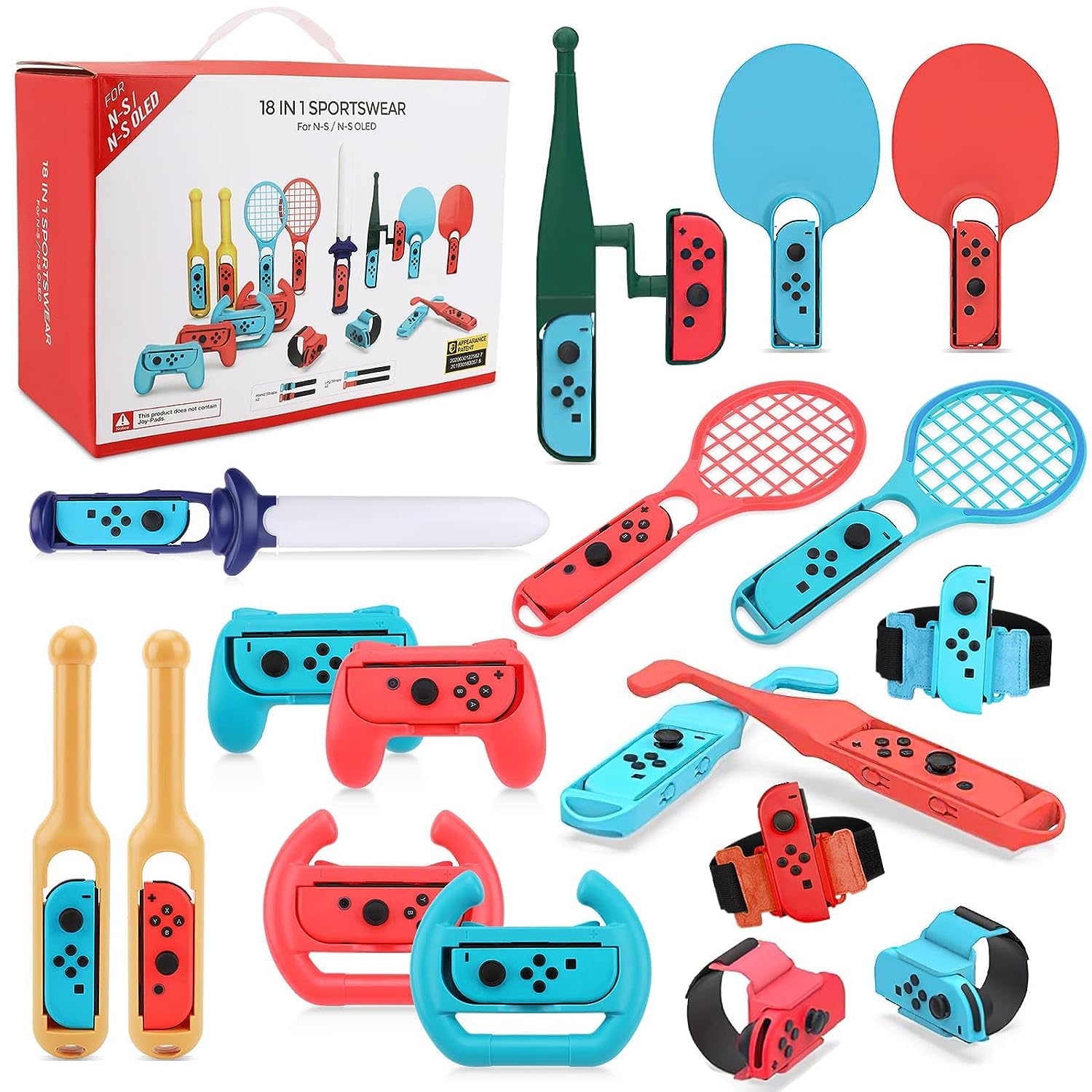 18 in 1 Switch Sport Games Accessories Bundle for Switch Games, Family Bundle Accessory Kit with Tennis Racket Controller Grips Racing Wheel Bandage Golf Club Wheels Drum Stick Fishing Rod