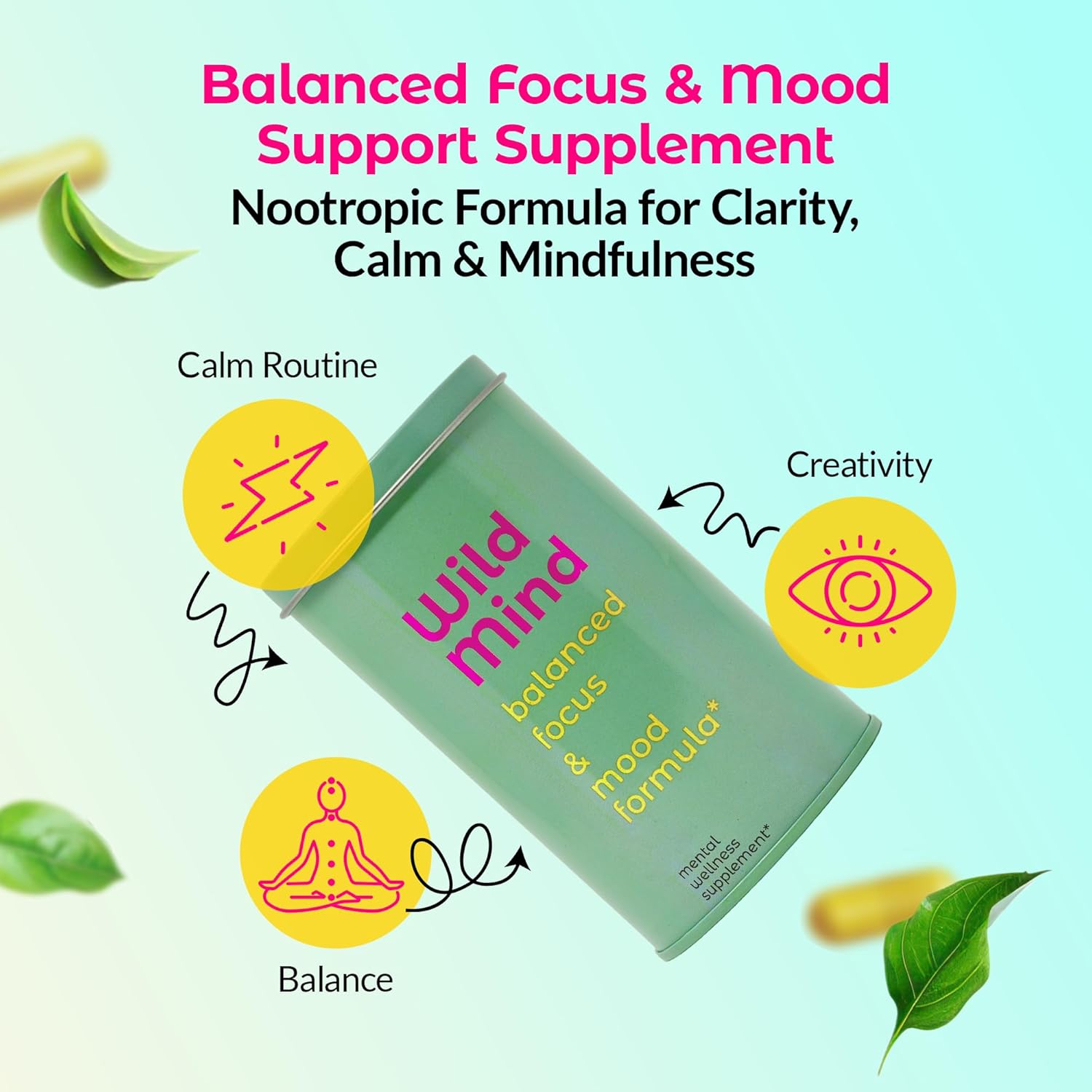 Wild Mind Mental Clarity Balanced Focus & Mood Support Supplement for Mental Wellness– 4-Ingredient Nootropic Brain Support for Calm & Energy – Vegan, 90 Capsules, 30-Day Supply - Image 2