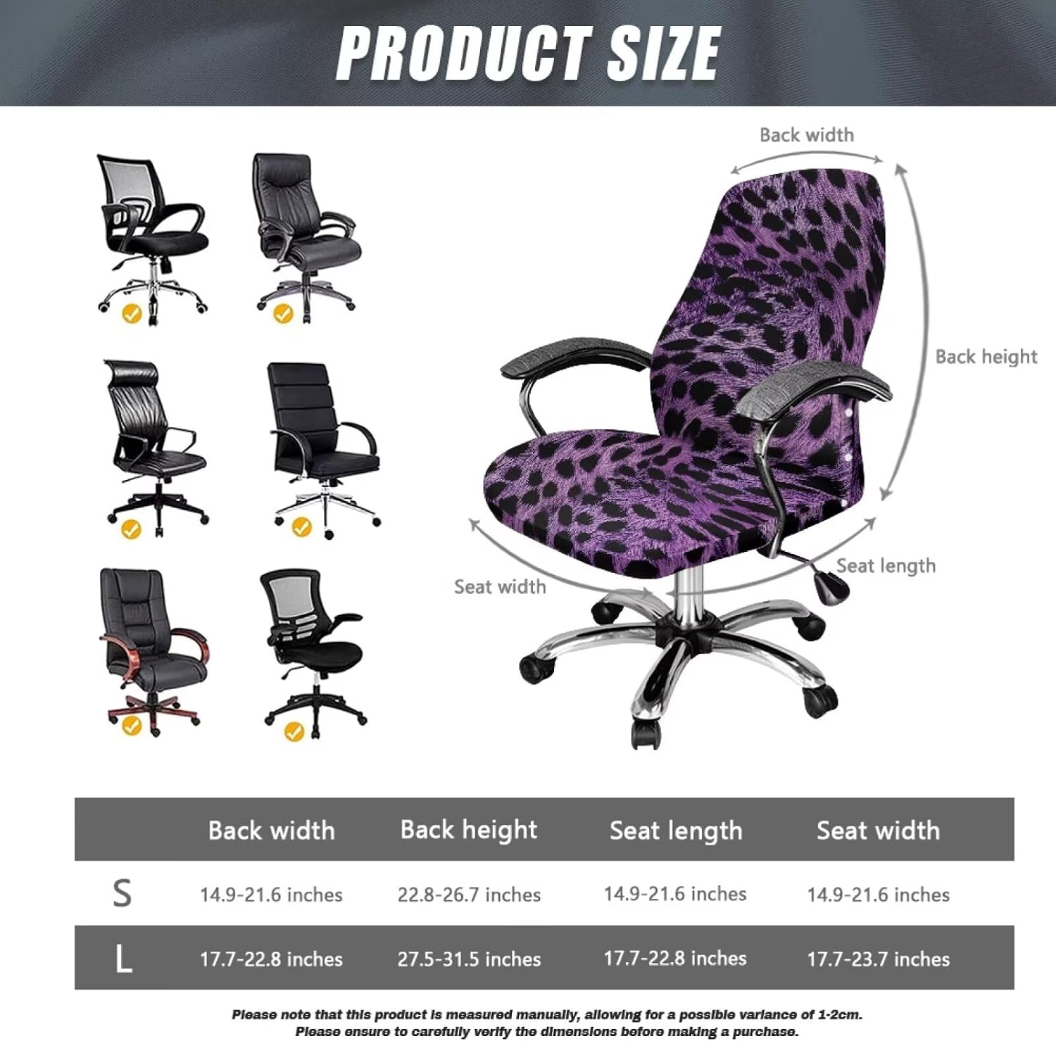 Black Purple Leopard Print Office Chair Cover Stretchable Removable Computer Chair Back Covers Anti-Dust High Back Office Desk Chair Slipcovers for Office Home, Small