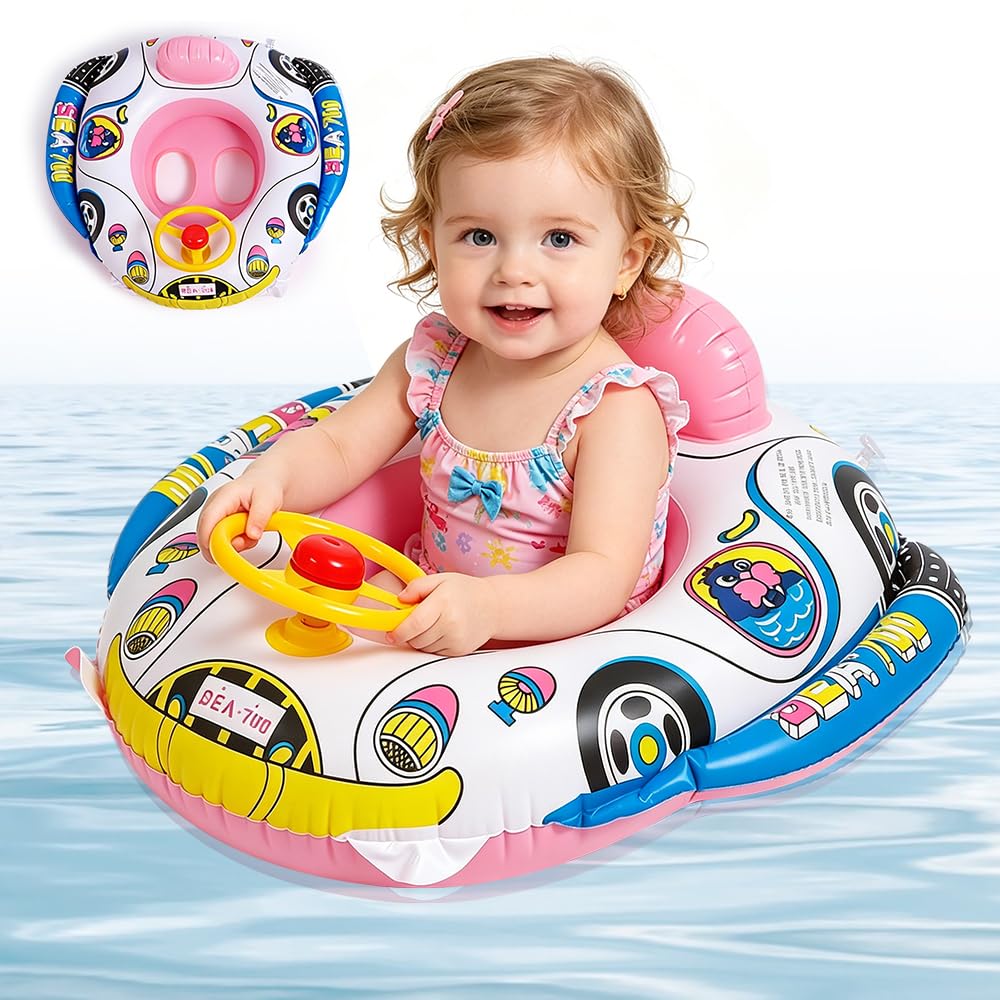 RNPKZ Baby Swimming Float, Kids Car Boat Swim Ring with Steering Wheel & Horn, Inflatable Baby Pool Float with Safety Bottom Support, for Toddlers Children Age of 3-36 Months and Swim Trainging (Pink)