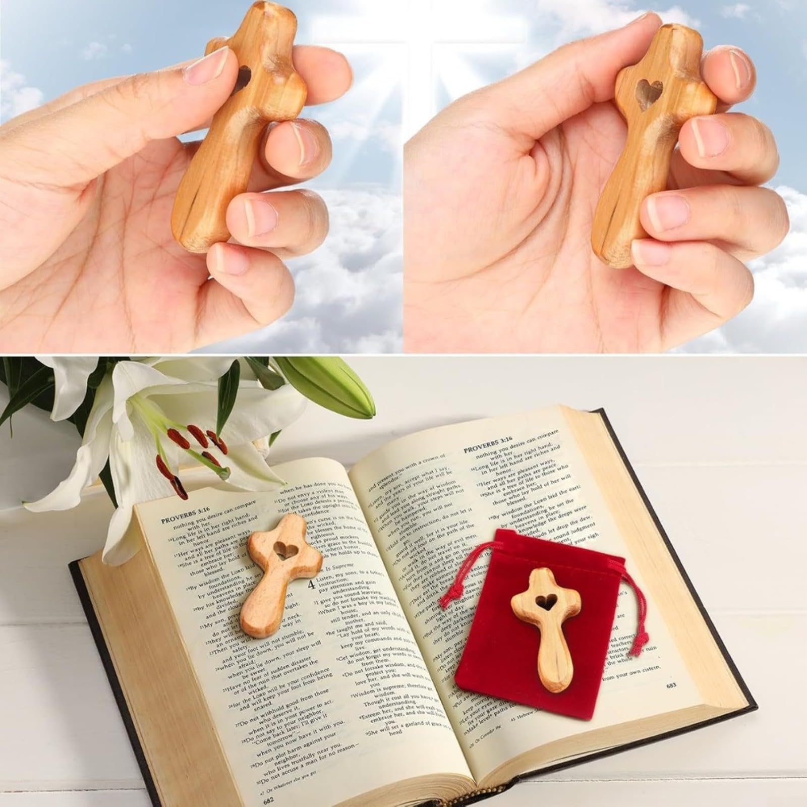 Set mit 10 handgeschnitzten Olivenholz-Taschenkreuzen mit Herzform und Samtbeutel, 3,5 cm, Andenken für Taufe, Kommunion oder Gebetsgeschenk