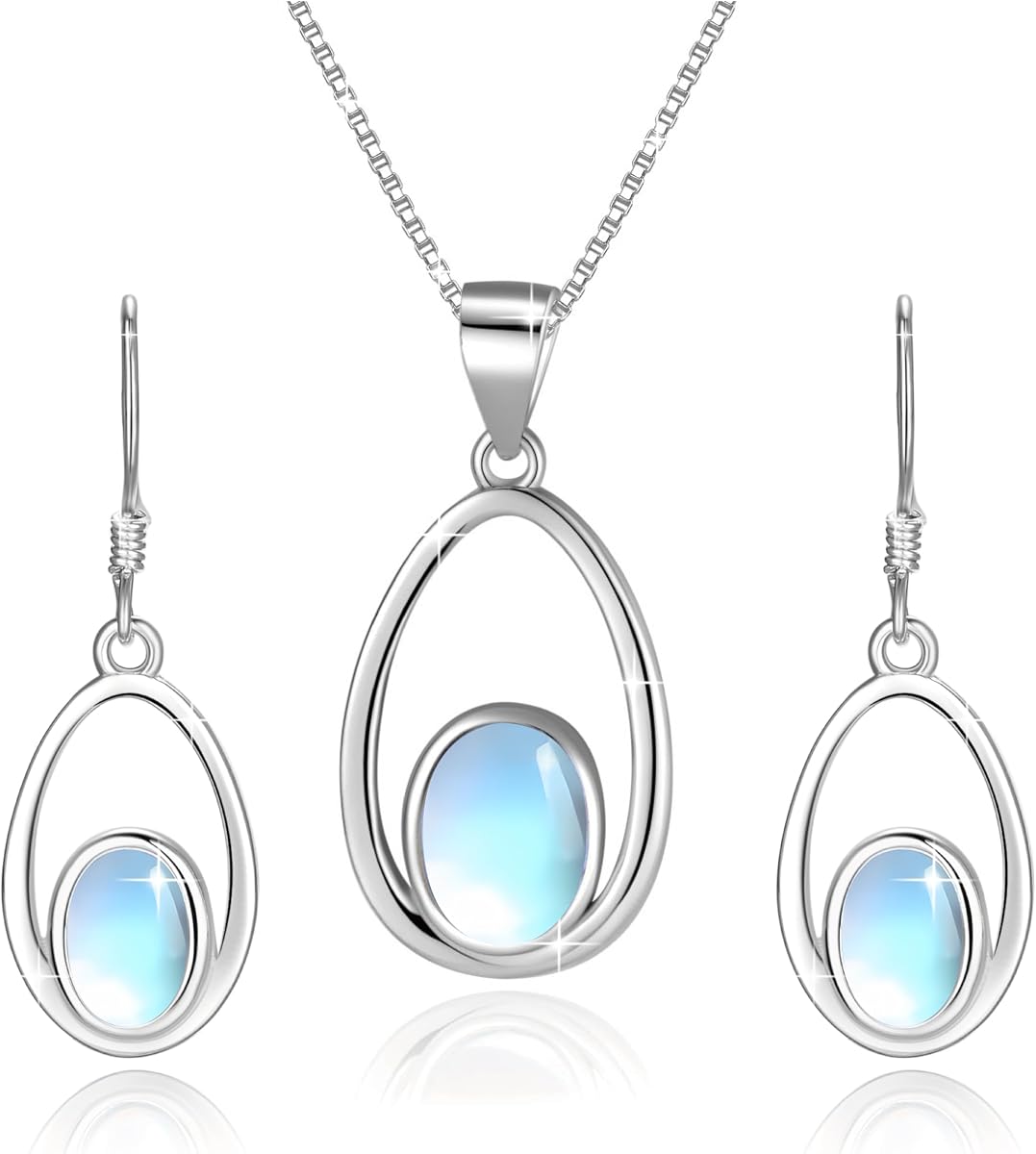 Conjunto de joyería de piedra lunar de ópalo, collar y aretes de plata de ley 925 para mujer, joyería de piedra lunar de ópalo, regalos para orejas sensibles para cumpleaños y Navidad