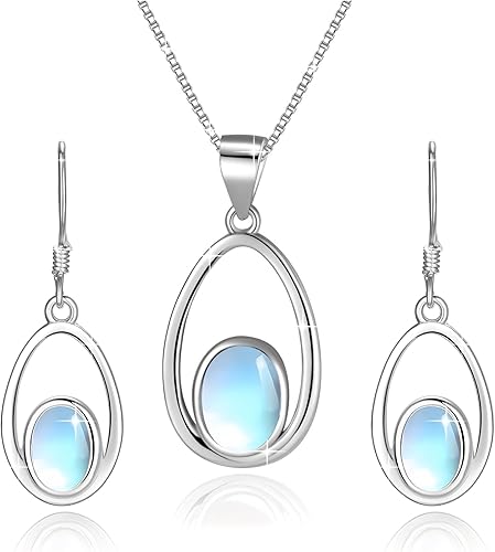 Juego de joyas de piedra lunar de ópalo, collar y aretes de plata de ley 925 para mujer, piedra lunar de ópalo, regalos para orejas sensibles para