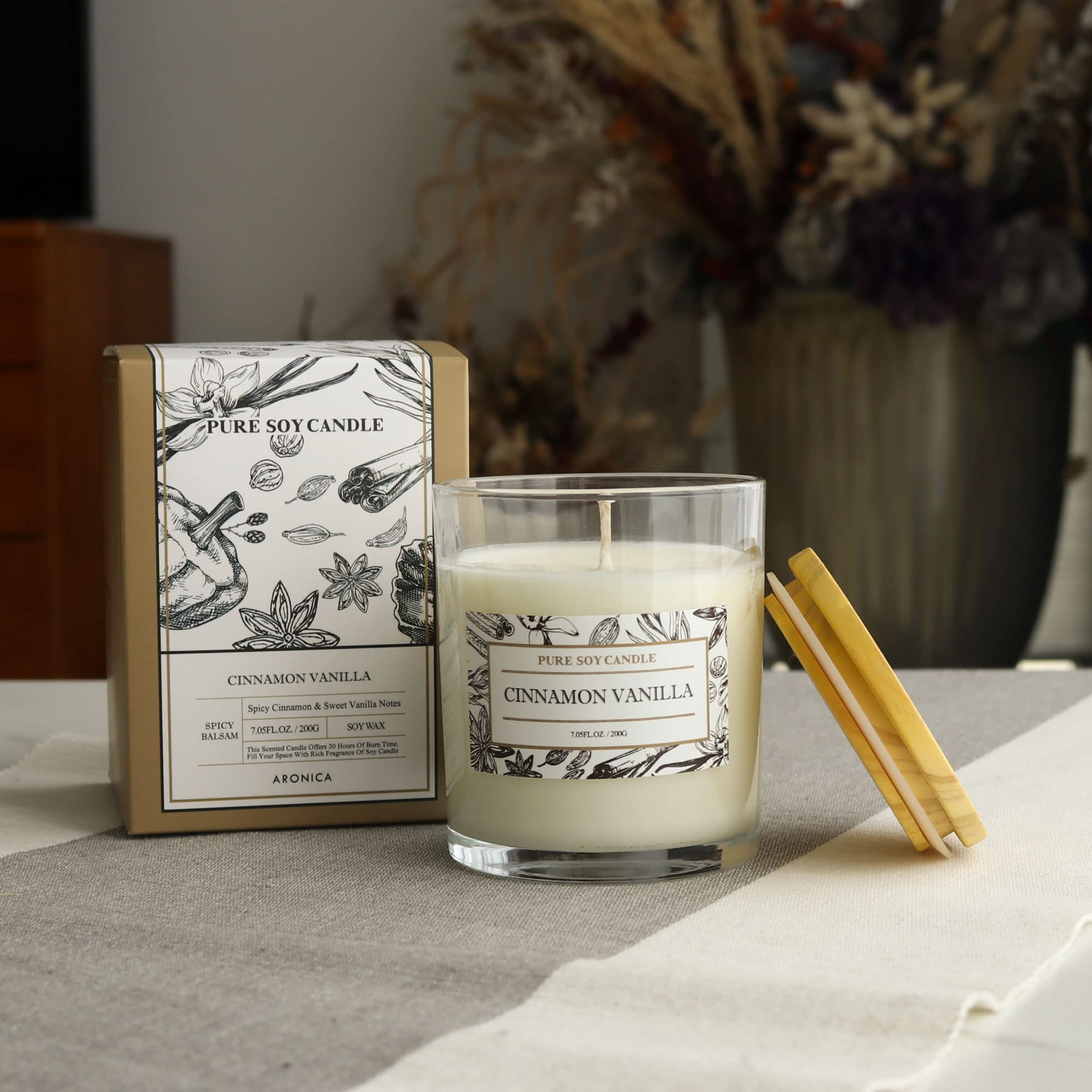 Aronica Velas de otoño no tóxicas de soja, canela y vainilla, aroma a canela, vela de vainilla especiada natural