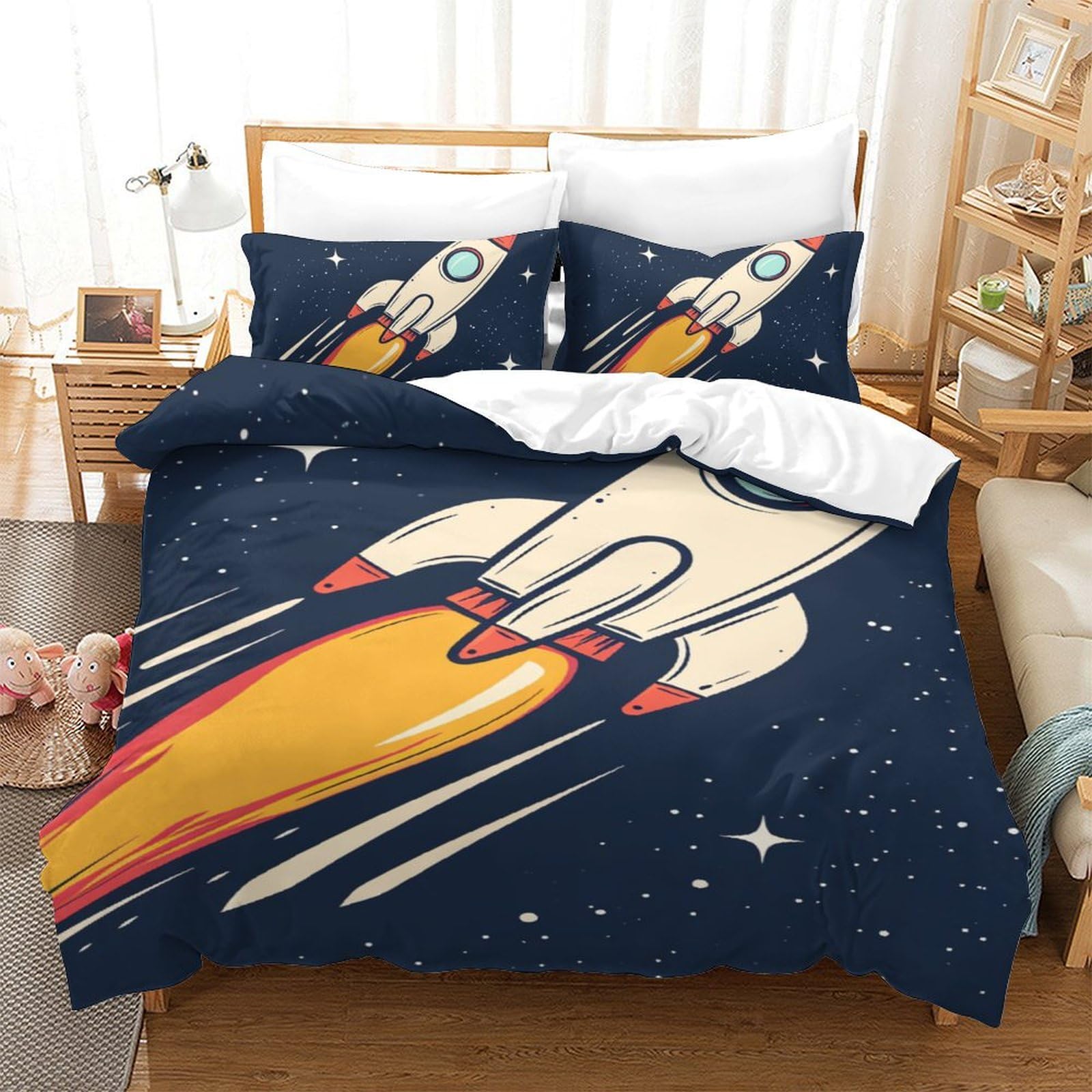Parure de lit enfant fusée 3D housse de couette 140x200cm avec fermeture éclair pour lit simple