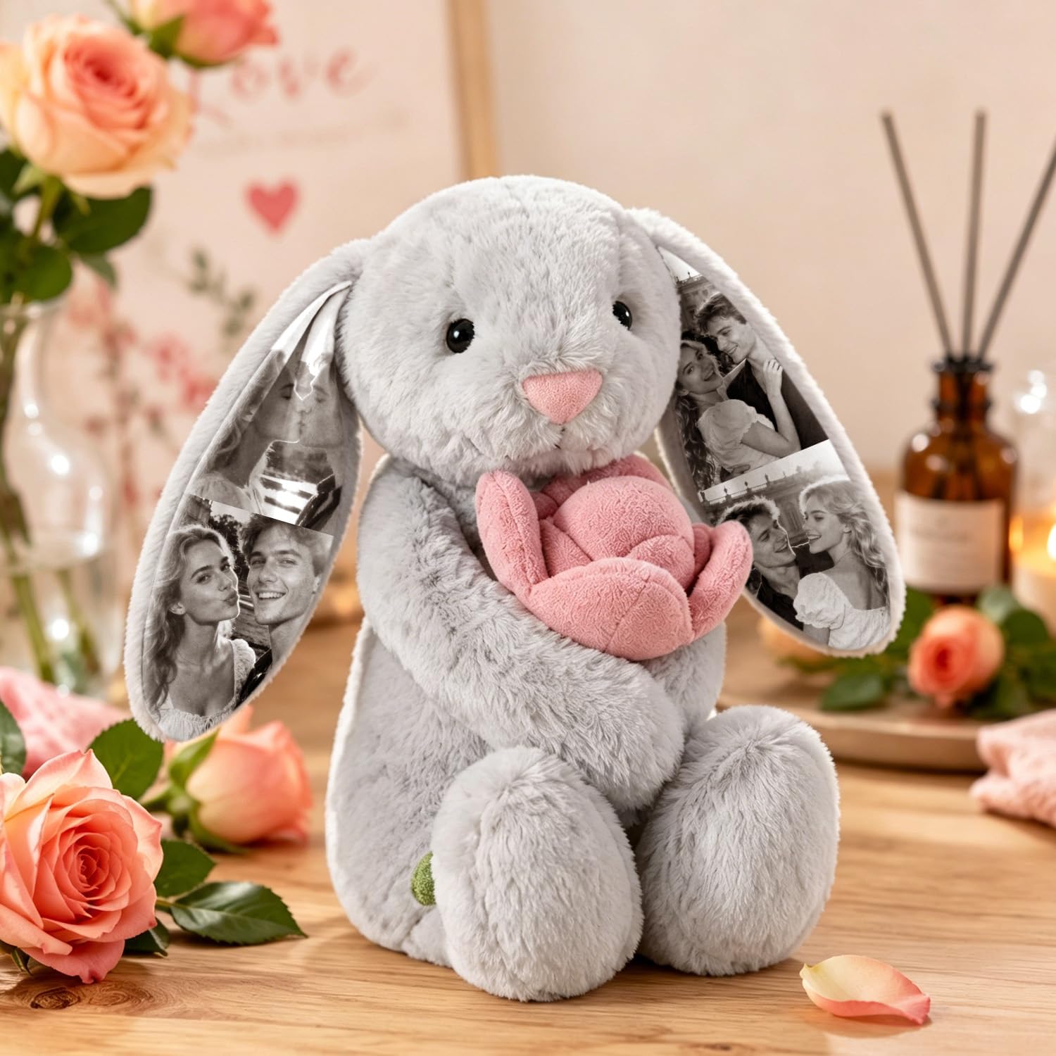 Personalized Photo Bunny Stuffed Animal, Custom Rabbit Plush with HD Print, Handmade Fluffy Customizable Stuffed Animal, Cute Keepsake Gift for Son Daughter (Style-6)