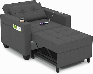 duringpace 99 cm sleeping chair 3-in-1 convertible chair bed extendable sleeping chair sofa bed with usb ports side pocket drink holder for small space (dark gray)