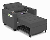 DURASPACE 36.6 Inch Sleeper Chair 3-in-1 Convertible Chair Bed Pull Out Sleeper Beds Adjustable Single Armchair Sofa with USB Ports, Side Pocket, Cup Holder (Dark Gray Linen)