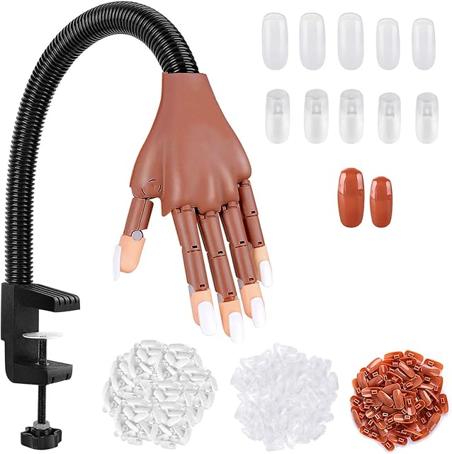 Upgraded Practice Hand For Acrylic Nails, Nail Practice Fake Hand, Nail Salons And DIY Nail Art Supplies With 300 Pcs Replaceable Nail Tips, Brown, White and Clear