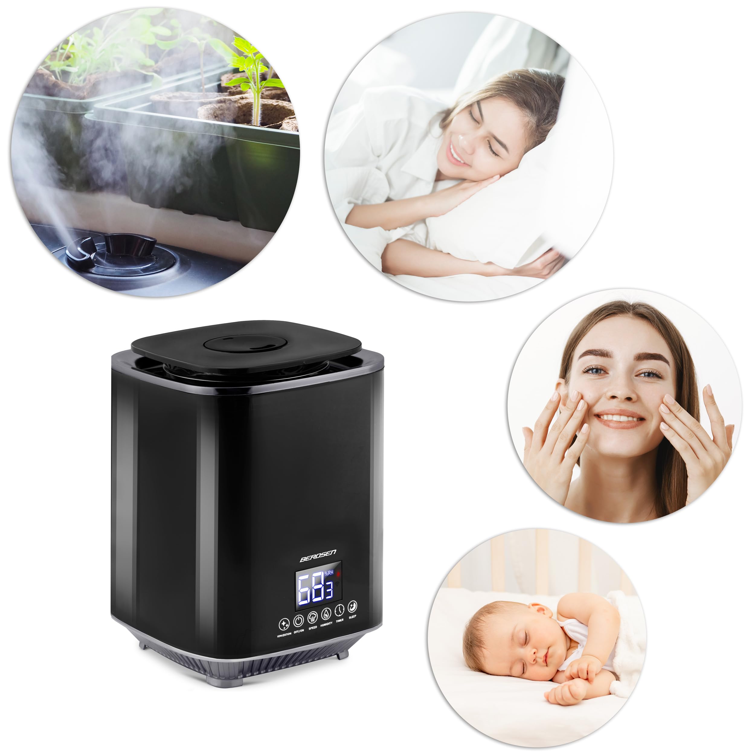 Berdsen Umidificatore Camera da Letto Umidificatore Ad Ultrasuoni Ionizzatore Aromaterapia Telecomando Umidificatore Camera Camera Camera Igrostato E Igrometro 2,6 L 3 Velocità Nero Grigio