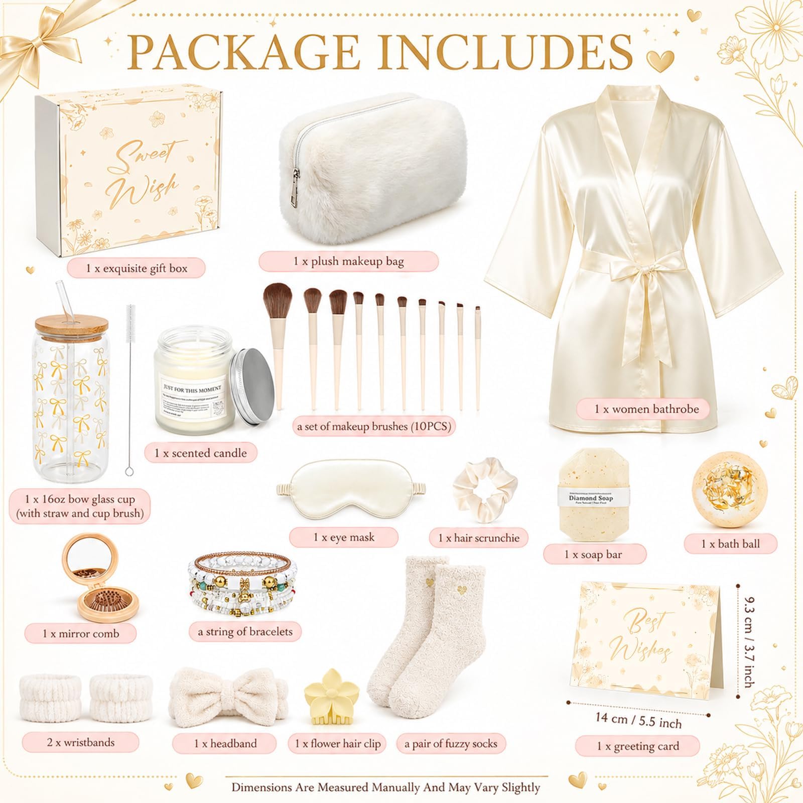 Lot de 17 paniers de spa pour femme - Cadeau d'anniversaire pour femme - Cadeau de remise de diplôme - Ensemble de soins personnels avec peignoir de bain, pinceaux de maquillage, bougie parfumée