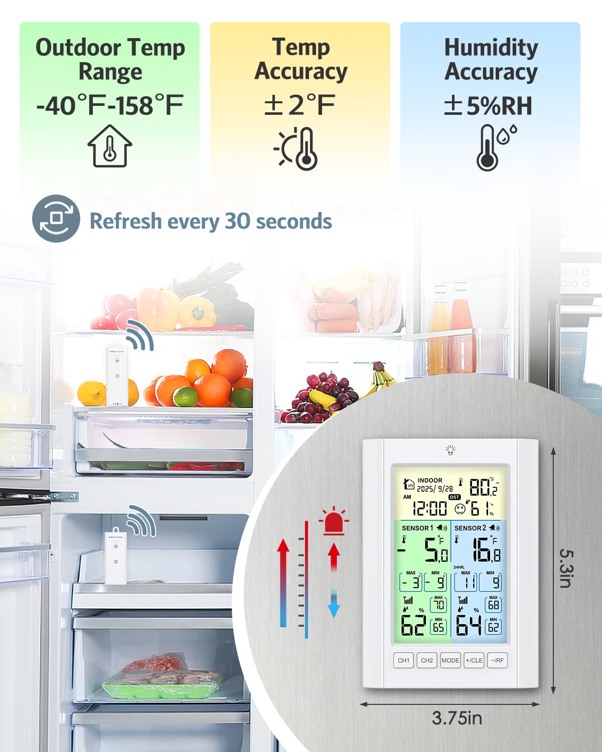 Termometro digitale per frigorifero e congelatore con allarme, retroilluminazione, data, ora, ricaricabile, registrazione max/min, termometro per frigorifero, per cucina, casa, ristoranti