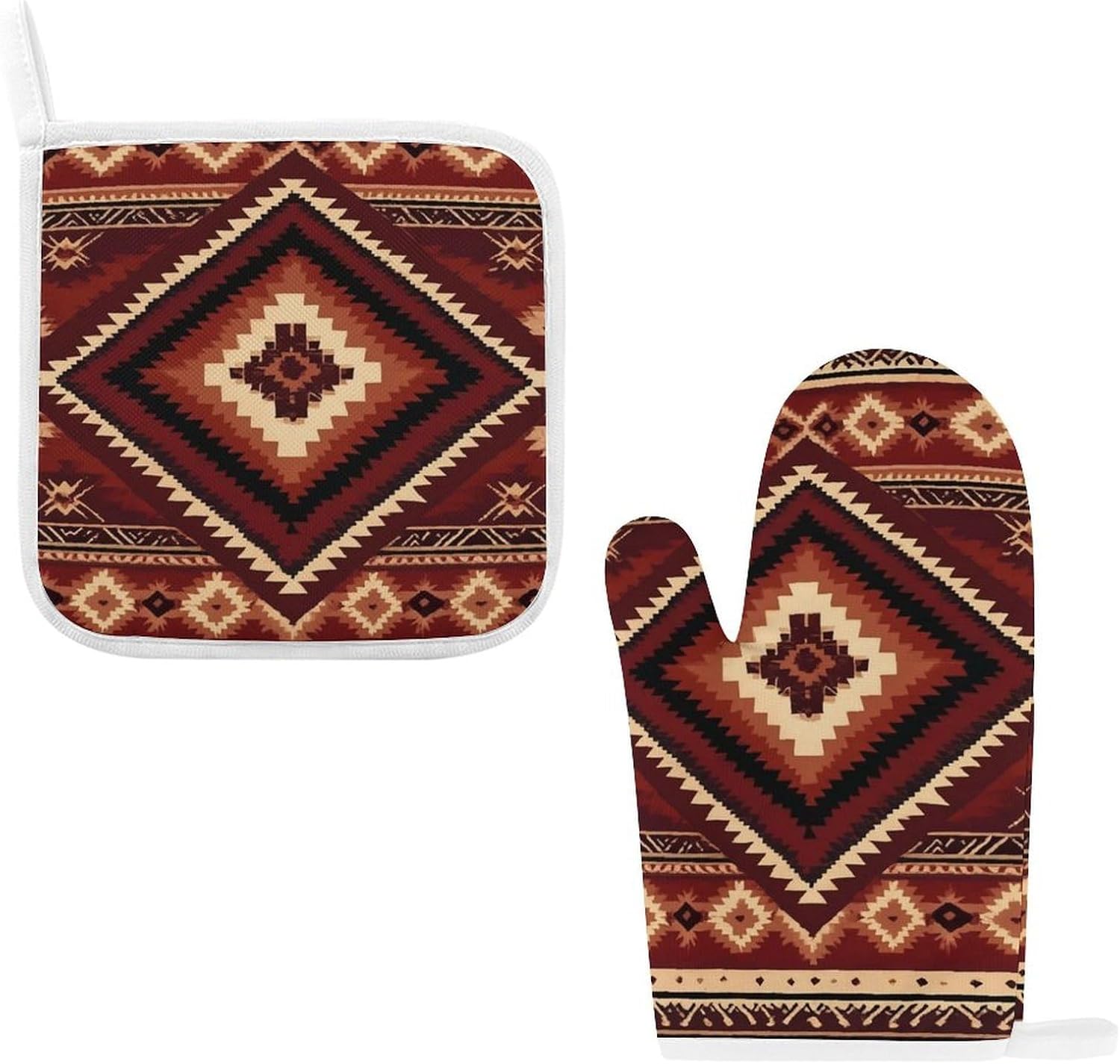 High Heat Resistant Kitchen Oven Mitt with Pot Holder Aztec Red Oven Glove Pot Pad for Cooking