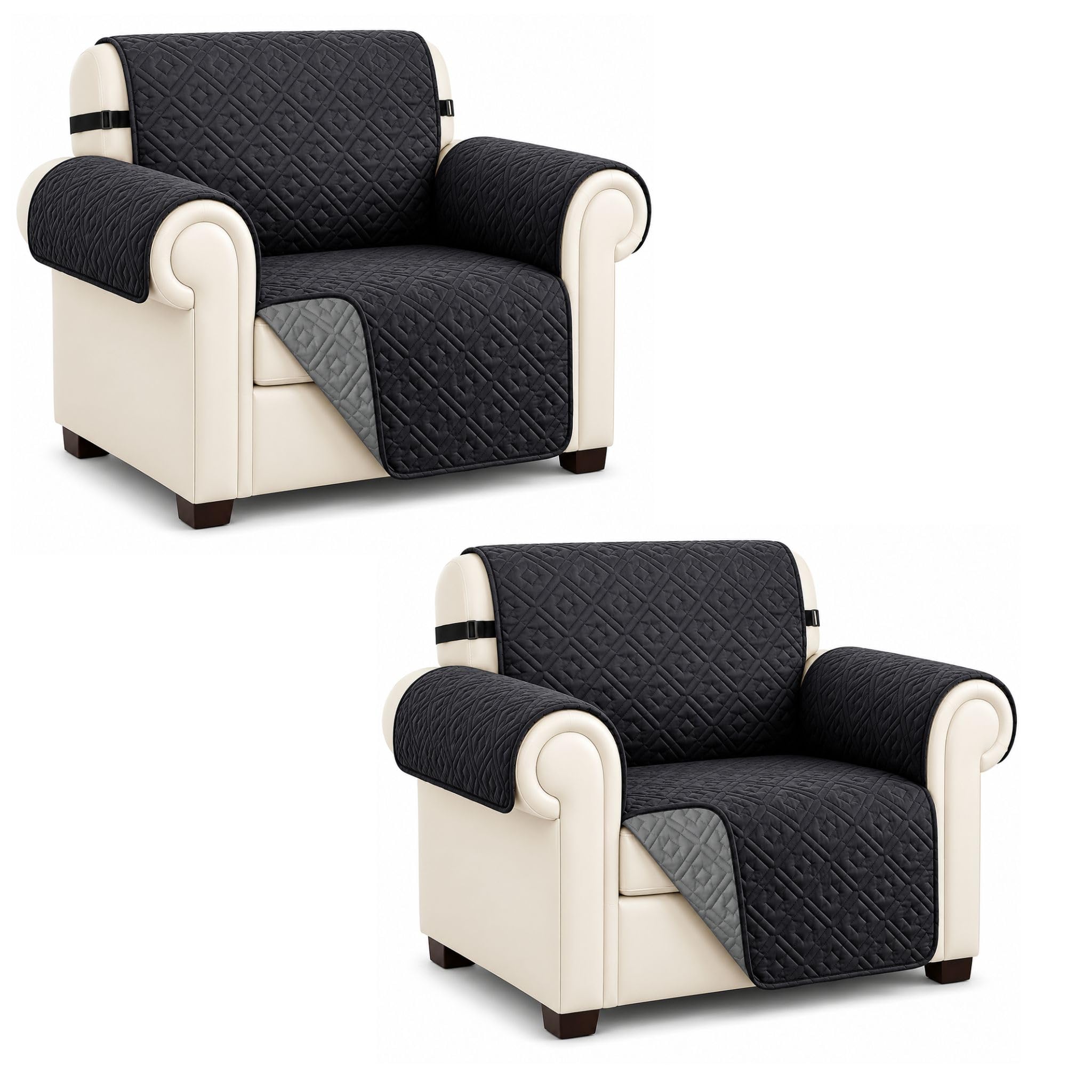 AMEHA Sofa Cover Non Slip Sofa Slipcovers 1 Seater 2 Pack – Water Resistant Reversible Sofa Protectors from Pets & Kids with Adjustable Elastic Straps Embossed Quilted Couch Covers, Black Dark Grey