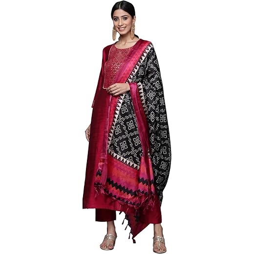 Magenta Silk Kurta Set Women Elegant Woven Yoke